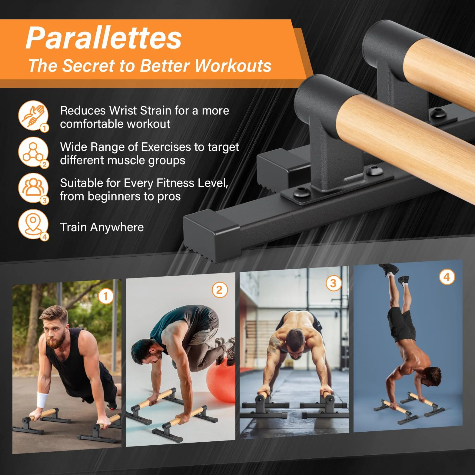 Paralletki z hybrydowymi drewnianymi uchwytami, pręty fitness do pompek i stabilności rdzenia