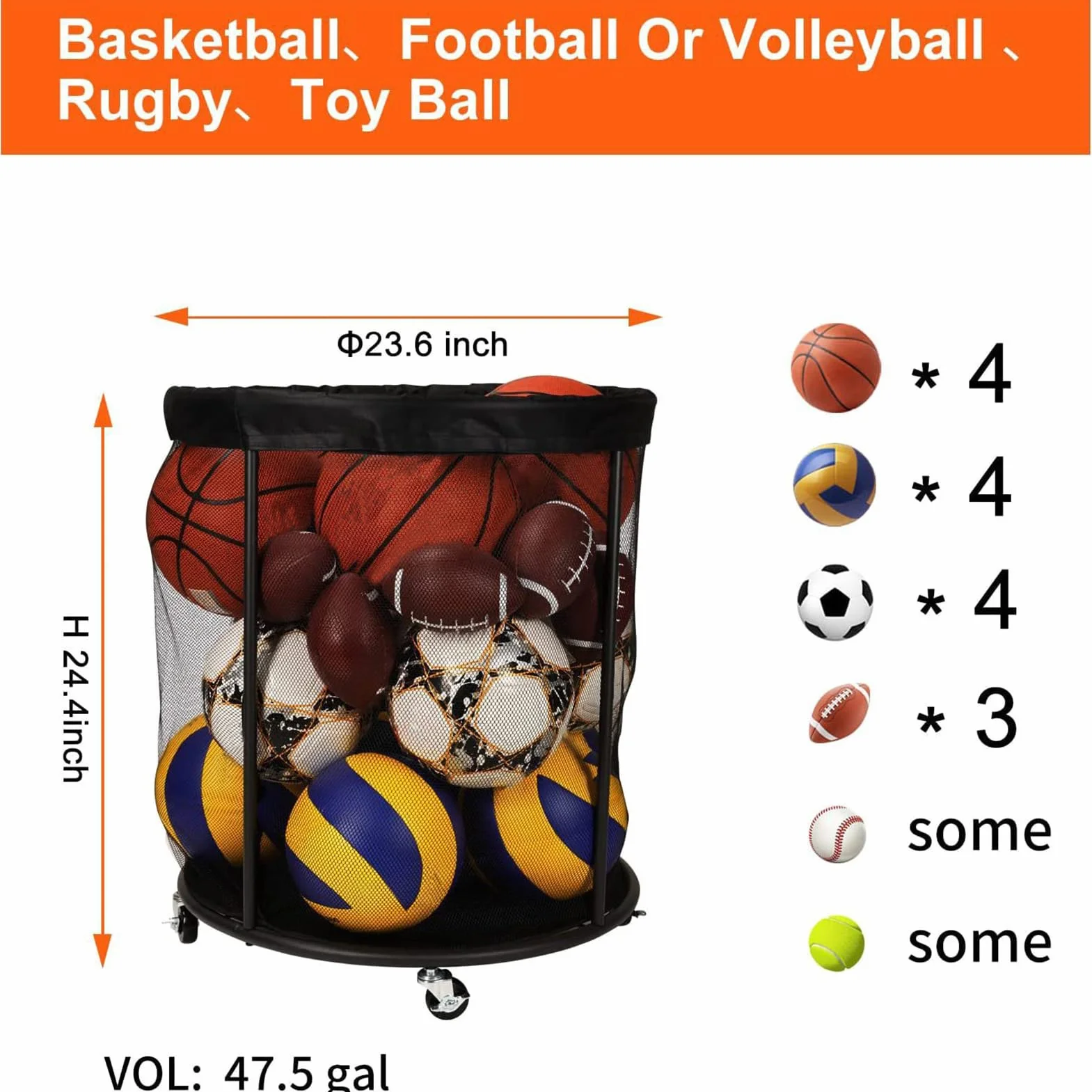 Ball Storage Basket – Large Capacity Sports Ball Organizer With Net | Heavy-Duty Outdoor Balls Holder For Pool, Patio, Garden, Deck | Durable Container Box For Basketballs, Soccer Balls, Volleyballs &