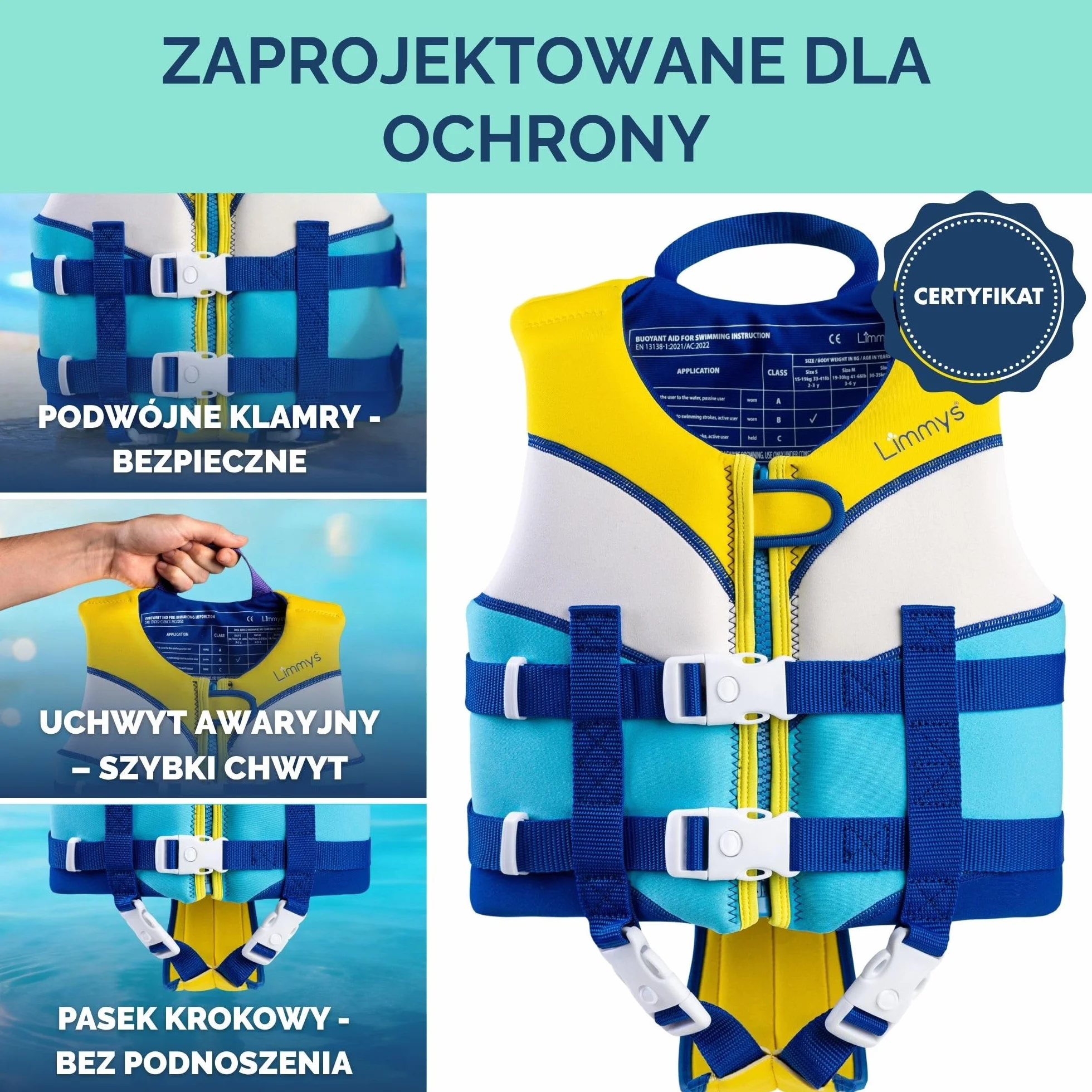 Limmys Kamizelka do Nauki Pływania dla Dzieci – Pomoc Wypornościowa z Zintegrowanymi Panelami Piankowymi, Certyfikat CE, Nagrodzony Produkt, Podwójne Zapięcie z Zamkiem YKK, Neopren Premium