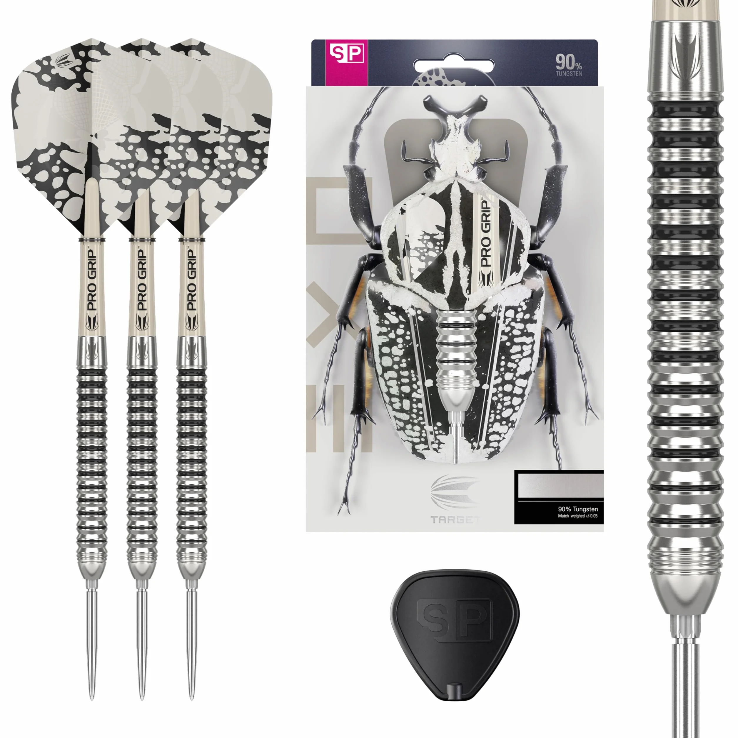 Target Darts EXO Edition zestaw rzutek ze stali wolframowej 90% – zestawy rzutek stalowych, szwajcarskie rzutki punktowe z trzonkami Pro Grip i lotkami nr 6, w zestawie narzędzie SP, profesjonalne