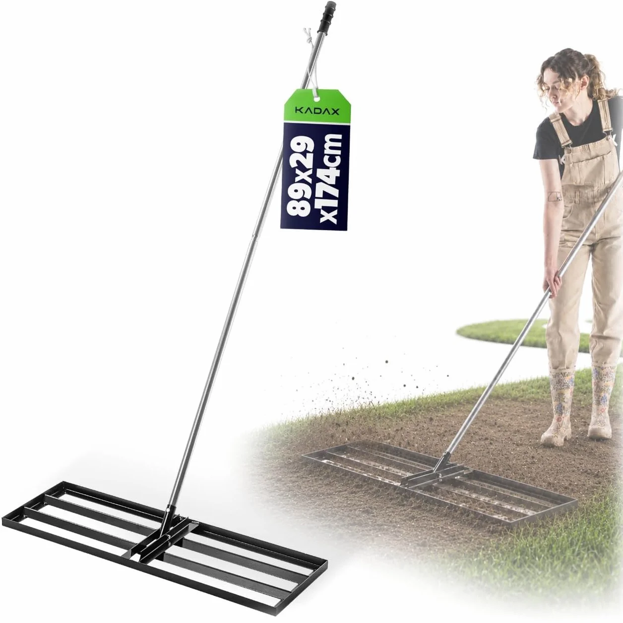 KADAX Grabie do trawnika, 89 x 29 cm, grabie poziomujące do pielęgnacji trawnika, do poziomowania podłoża, metalowe, z trzonkiem