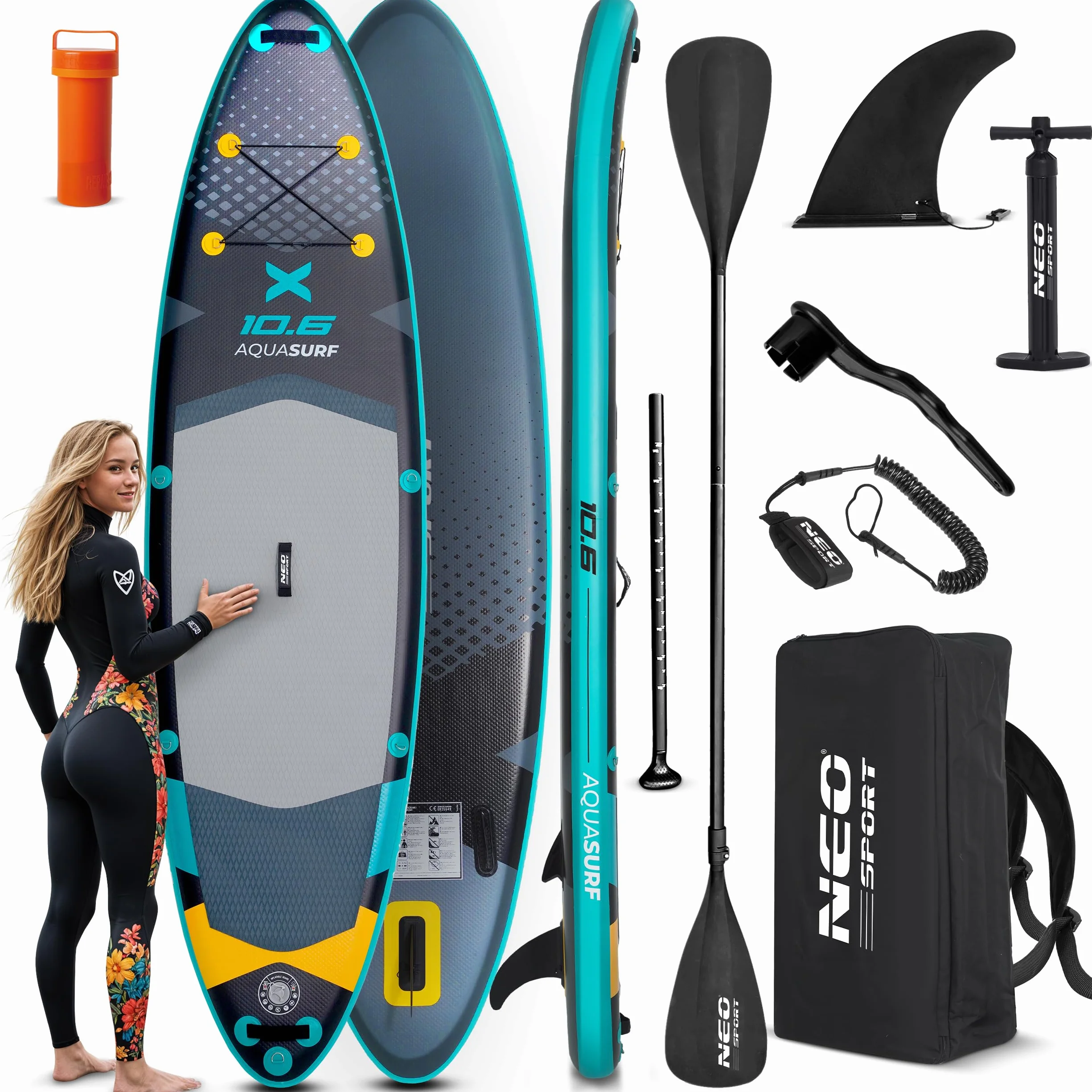 Neo-Sport Deska SUP Nadmuchiwana - 320 cm - Zestaw z Akcesoriami - Ręczna Pompka Wiosło Leash Plecak - Aquasurf 10.6