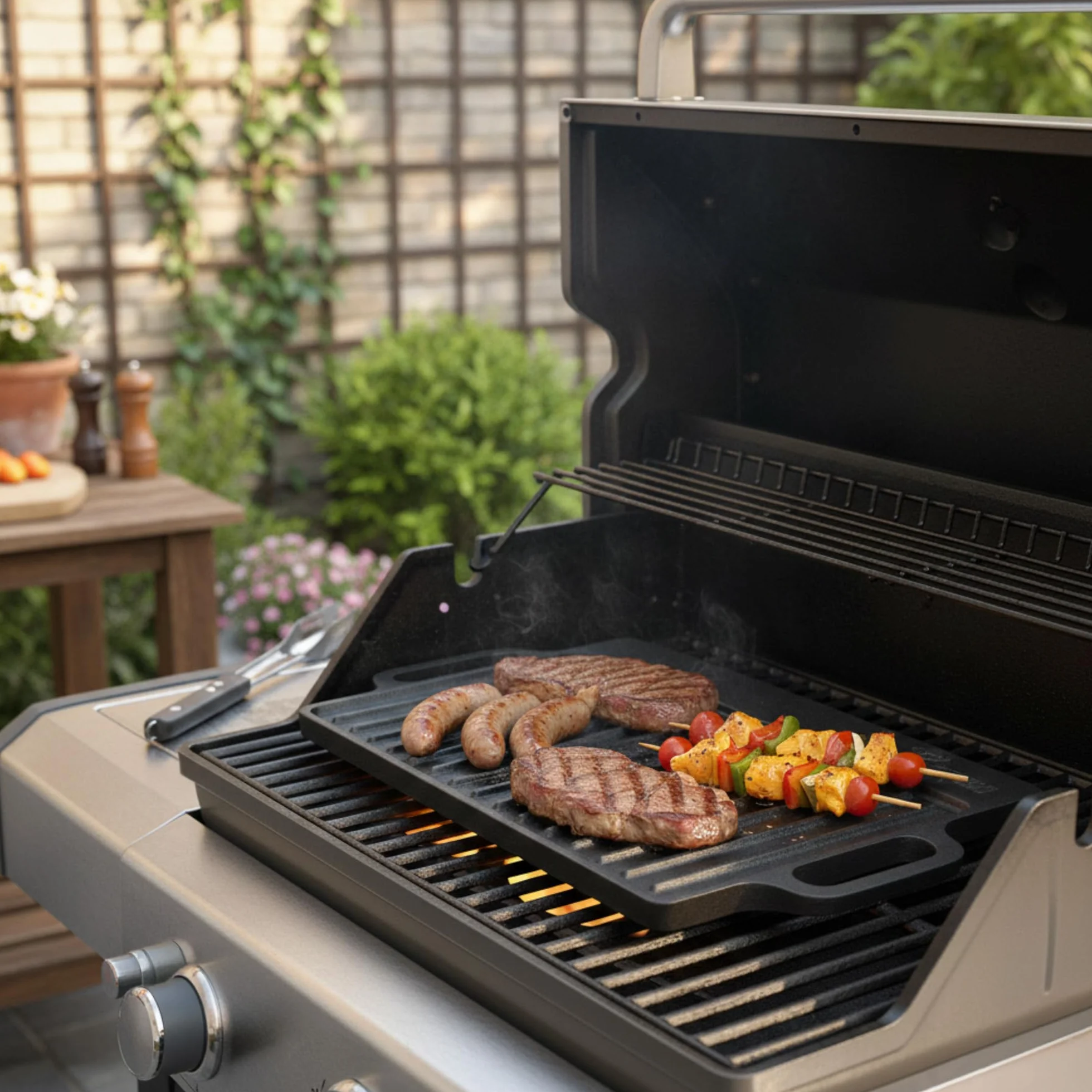 BBQ-Toro Żeliwna blacha do pieczenia z uchwytami, 40 x 20,5 cm, obustronna patelnia grillowa, prostokątna, uniwersalna i masywna, do węgla drzewnego i gazowego, akcesoria
