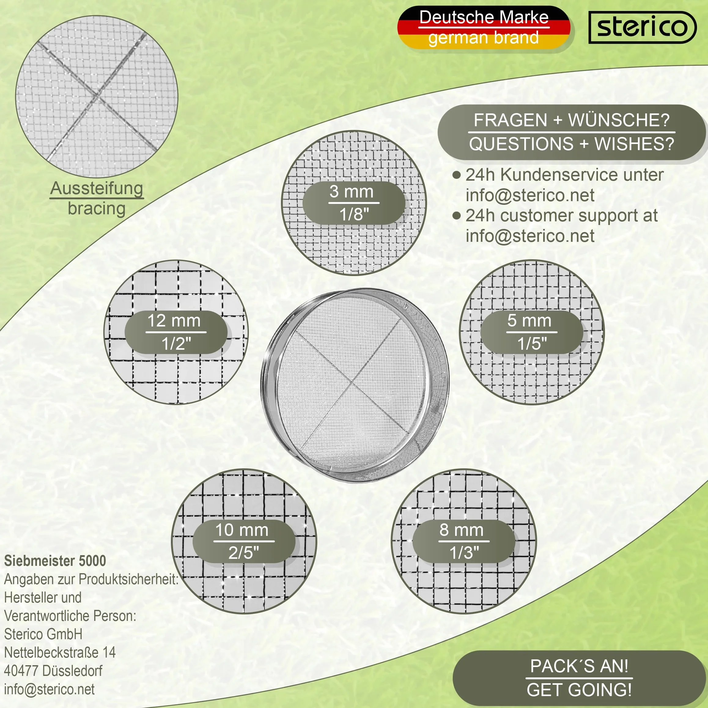 Sitko ogrodowe 5000, 5 w 1, 5 wymiernych sitek Ø 3,5, 8, 10, 12 mm, do ziemi, kamieni, kompostu, chwastów, piasku, żwiru i nasion, 30 cm okrągłe, metalowe, odporne na rdzę