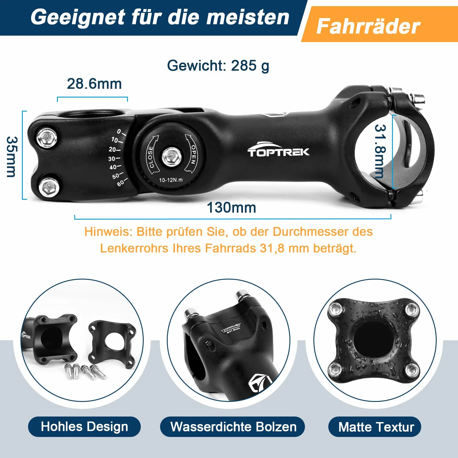 toptrek Wspornik kierownicy rowerowej, podwyższenie kierownicy roweru 31,8 mm, 130 mm, aluminium, wspornik kierownicy regulowany ± 60°, podwyższenie kierownicy rowerowej, sześciokątny otwór do MTB