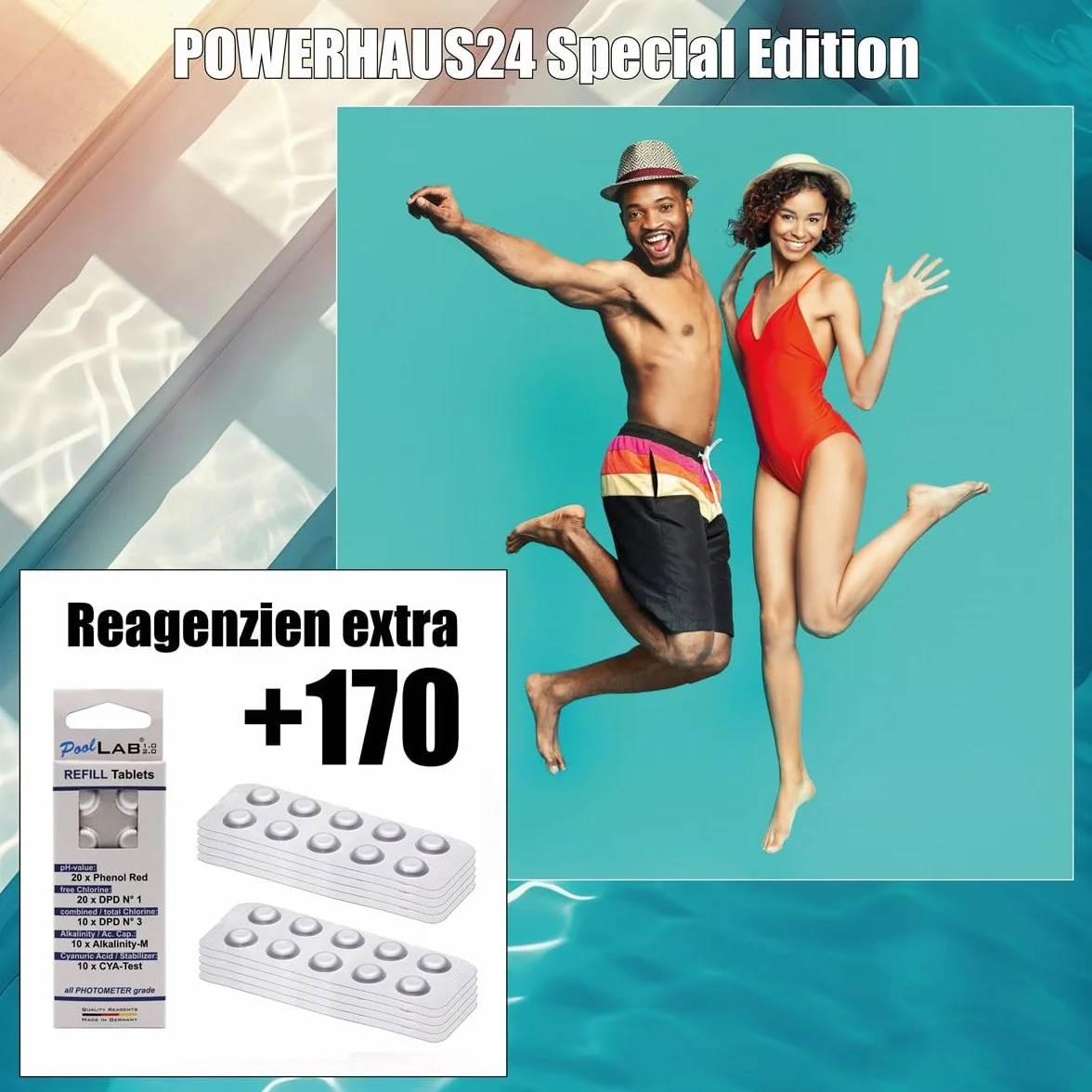 POWERHAUS24 PoolLAB 2.0 Special Edition, 70 + 170 odczynników (łącznie 240), 4 długości fali, 24 parametry, Bluetooth, WiFi, kolorowy wyświetlacz 2,4 cala, do basenów i jacuzzi