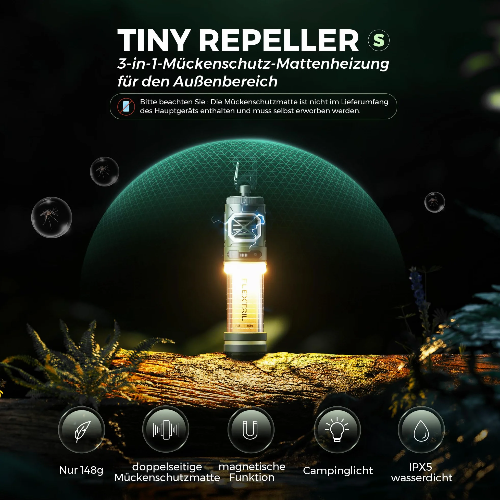 FLEXTAILGEAER Tiny Repeller S, przenośna elektryczna ochrona przed komarami, z lampą kempingową (światło oddechowe, do 400 lm), akumulator 4800 mAh, funkcja ogrzewania 165°C, wodoszczelność IPX5, do