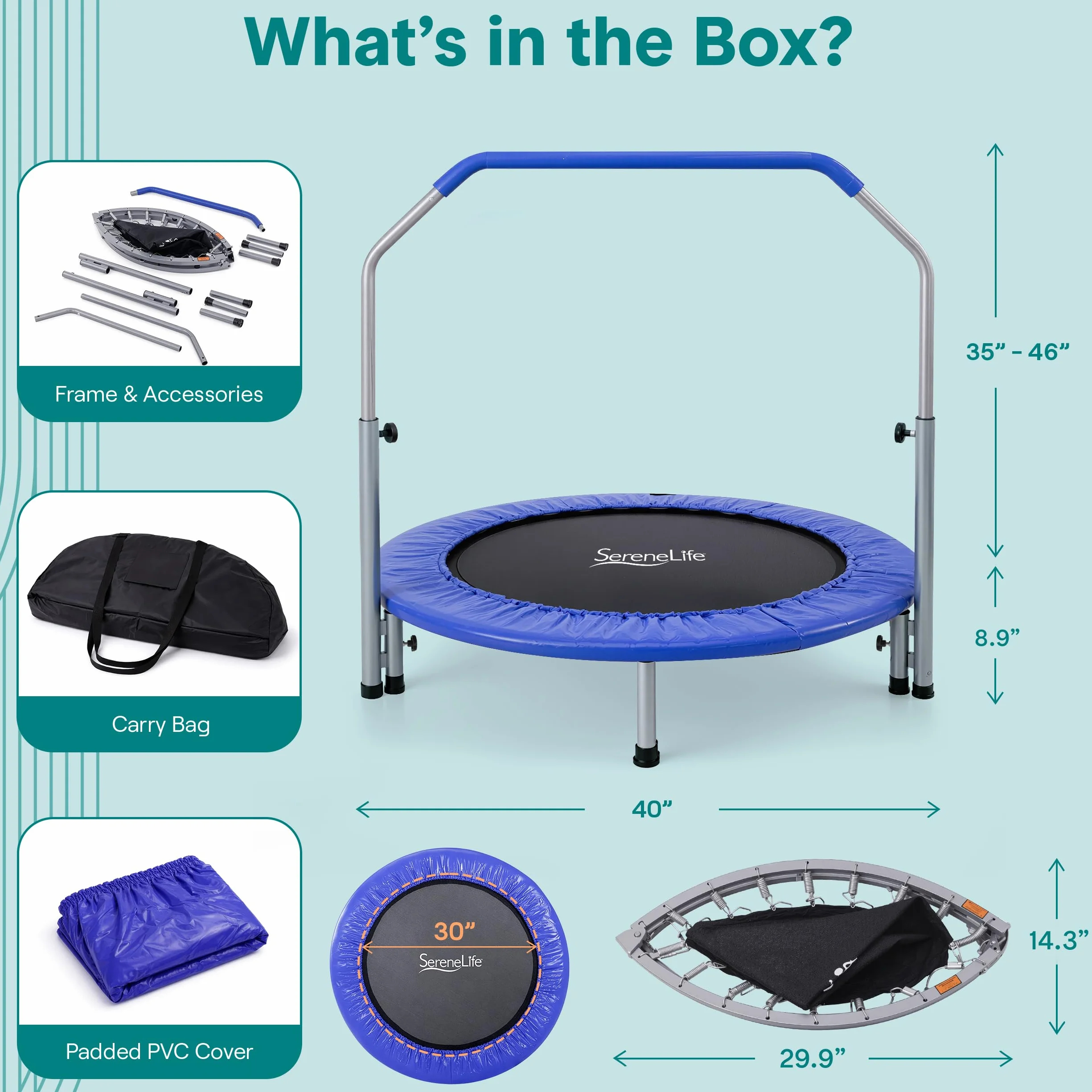 SereneLife Przenośna i składana trampolina – 100 cm mini rebounder w domu z regulowaną poręczą, do ćwiczeń fitness
