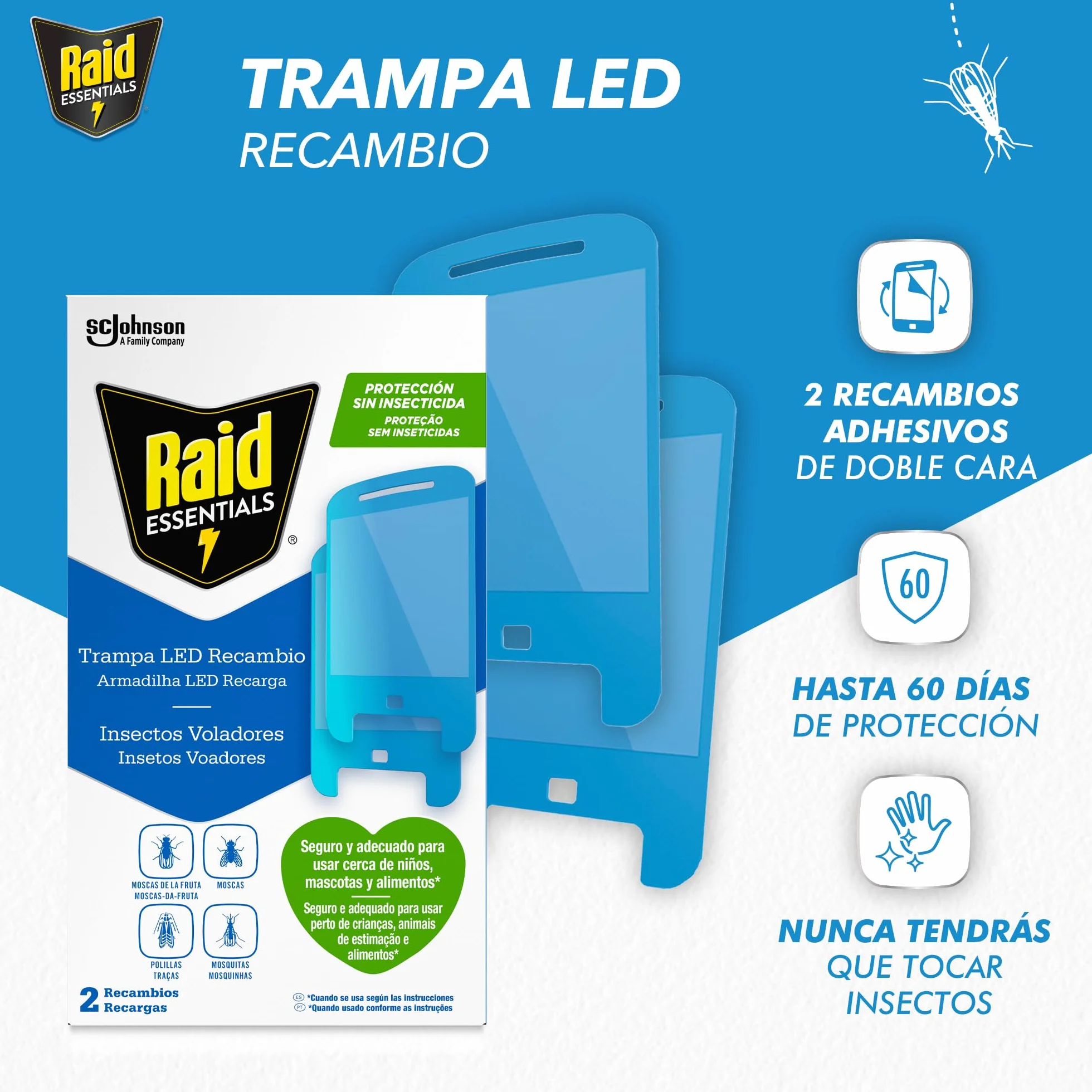 Raid Essentials 2 x zamiennik pułapki LED przeciw muchom, muchom owocowym i molom, bez środka owadobójczego, ochrona 24/7 przed latającymi owadami, do użytku w pomieszczeniach, 2 sztuki