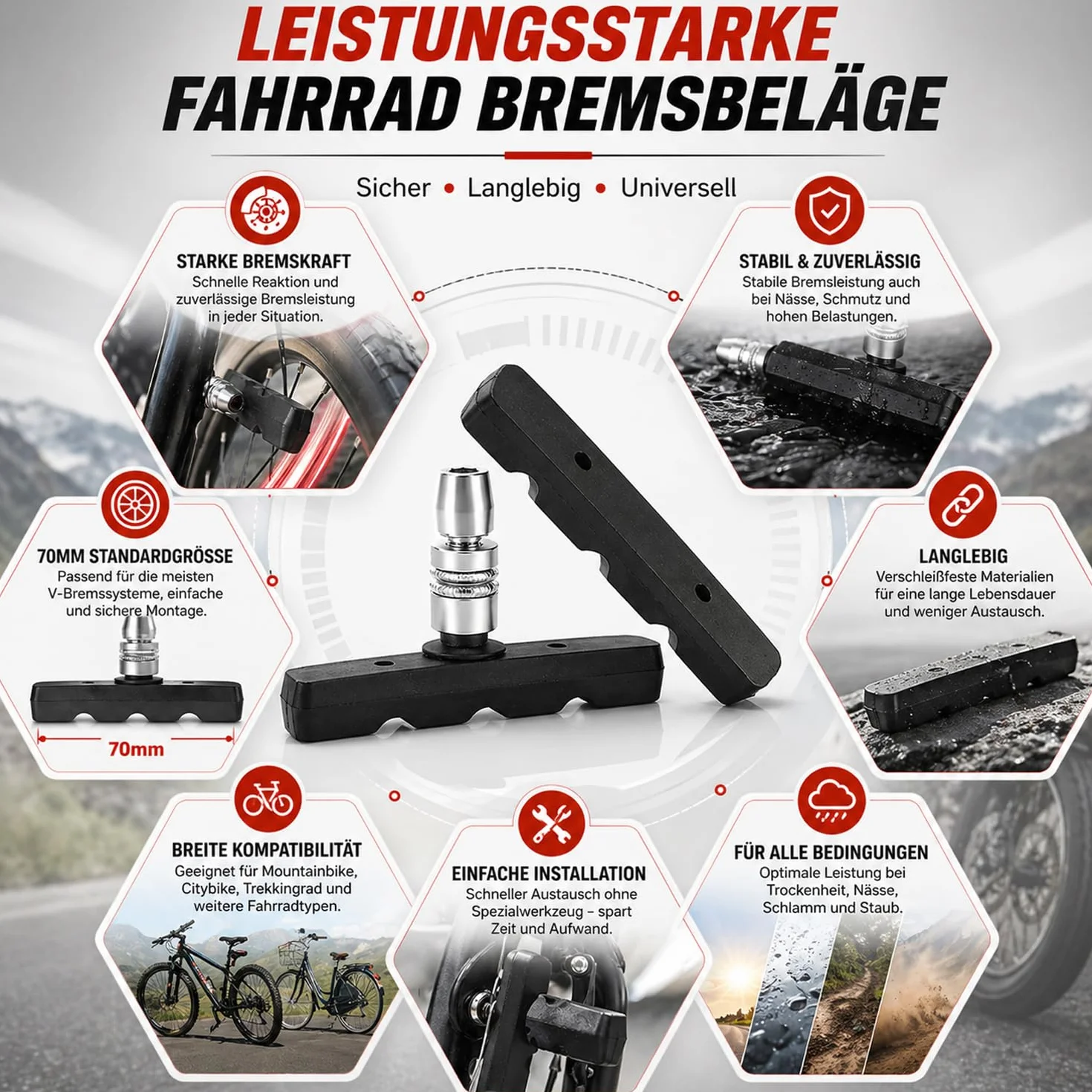 Klocki hamulcowe do roweru 70 mm V-Brake 4 sztuki