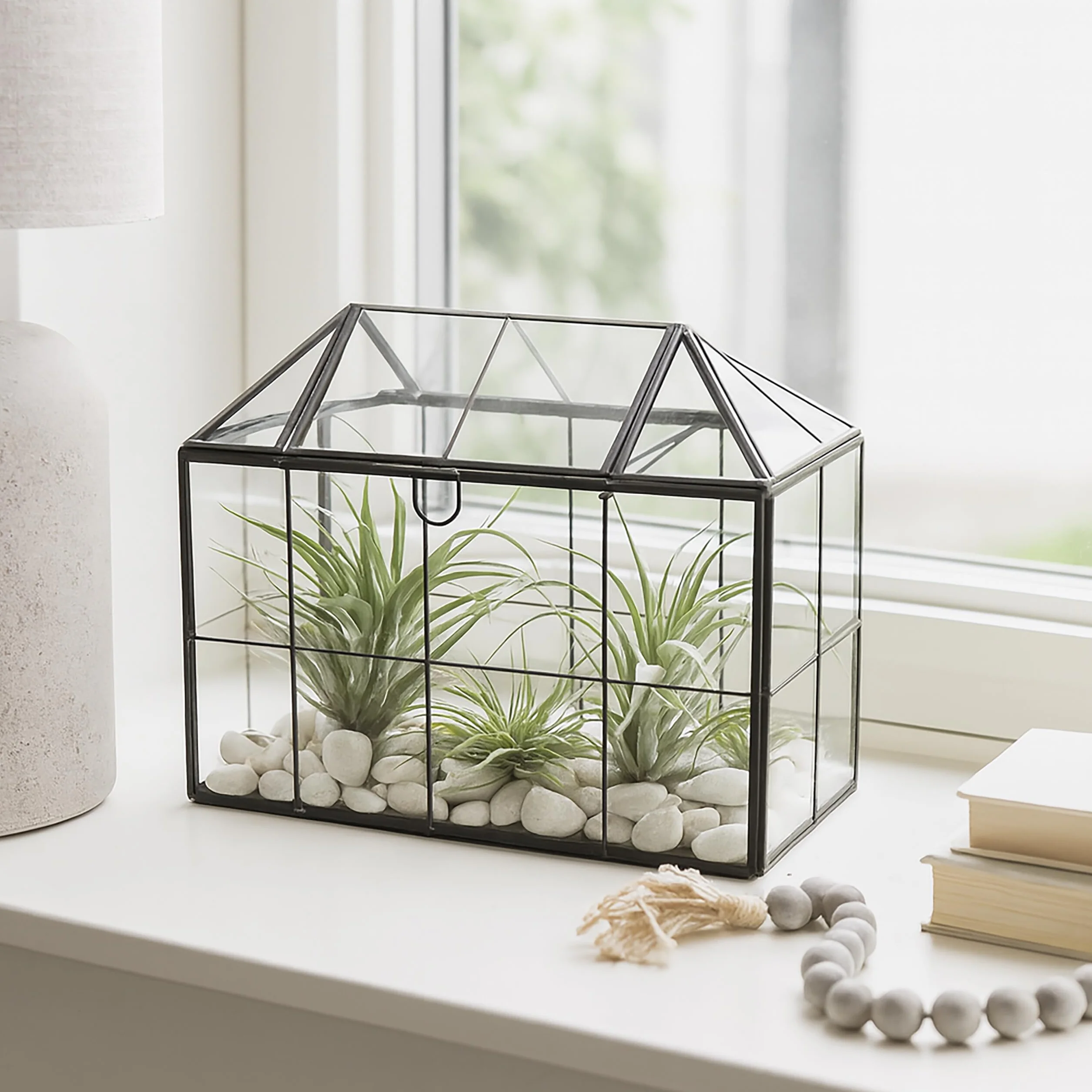 Relaxdays Terrarium roślinne, szkło i cyna, dekoracyjny szklany domek na kaktusy i mech, szklana skrzynka na parapet, czarna