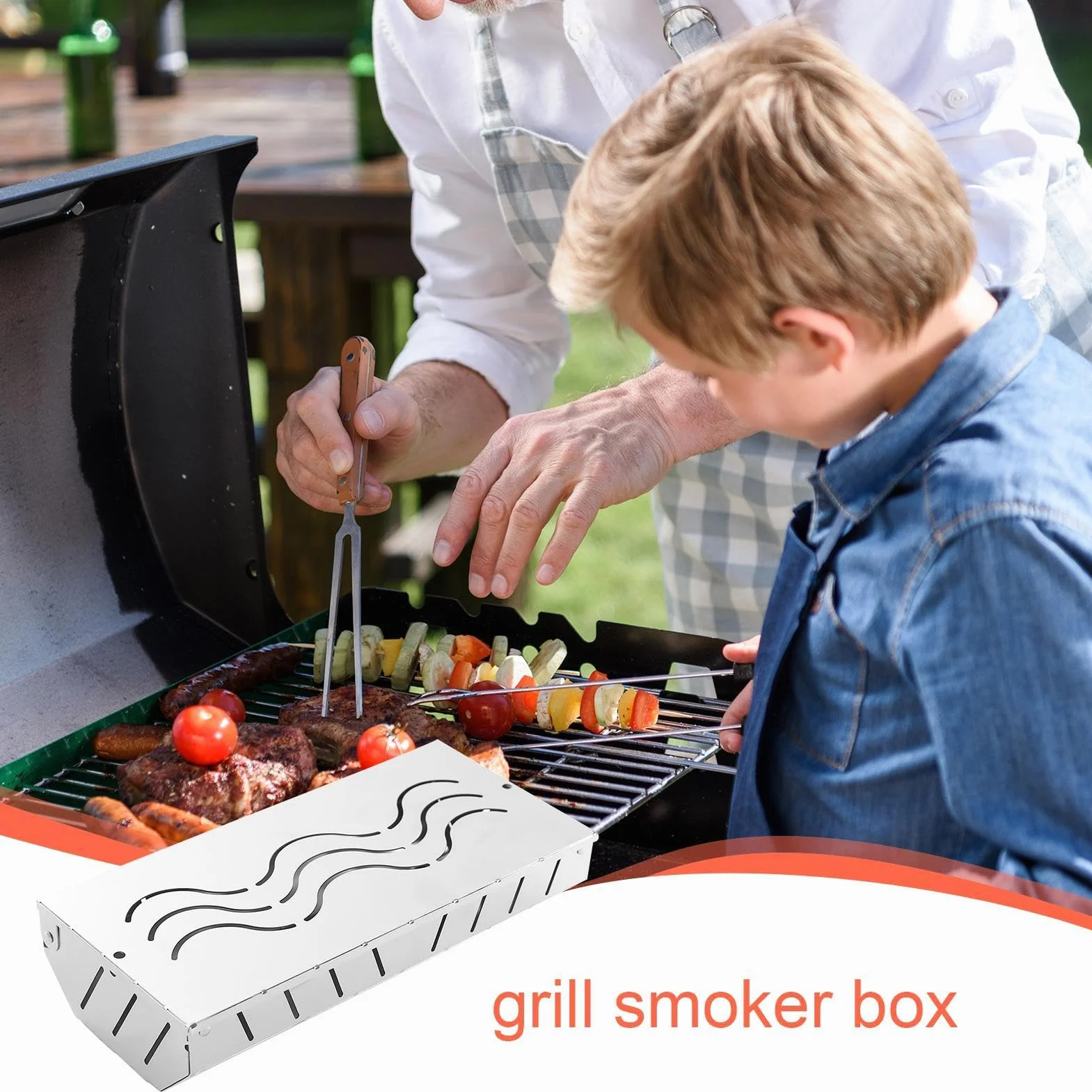 Puszka w?dzarnicza, stal nierdzewna drewniana skrzynka z chipami, akcesoria do grill, Vented Lid Design, w?giel drzewny do grillowania na zewn?trz, dodaje bogaty przydymiony zapach, 24,5 x 11,7