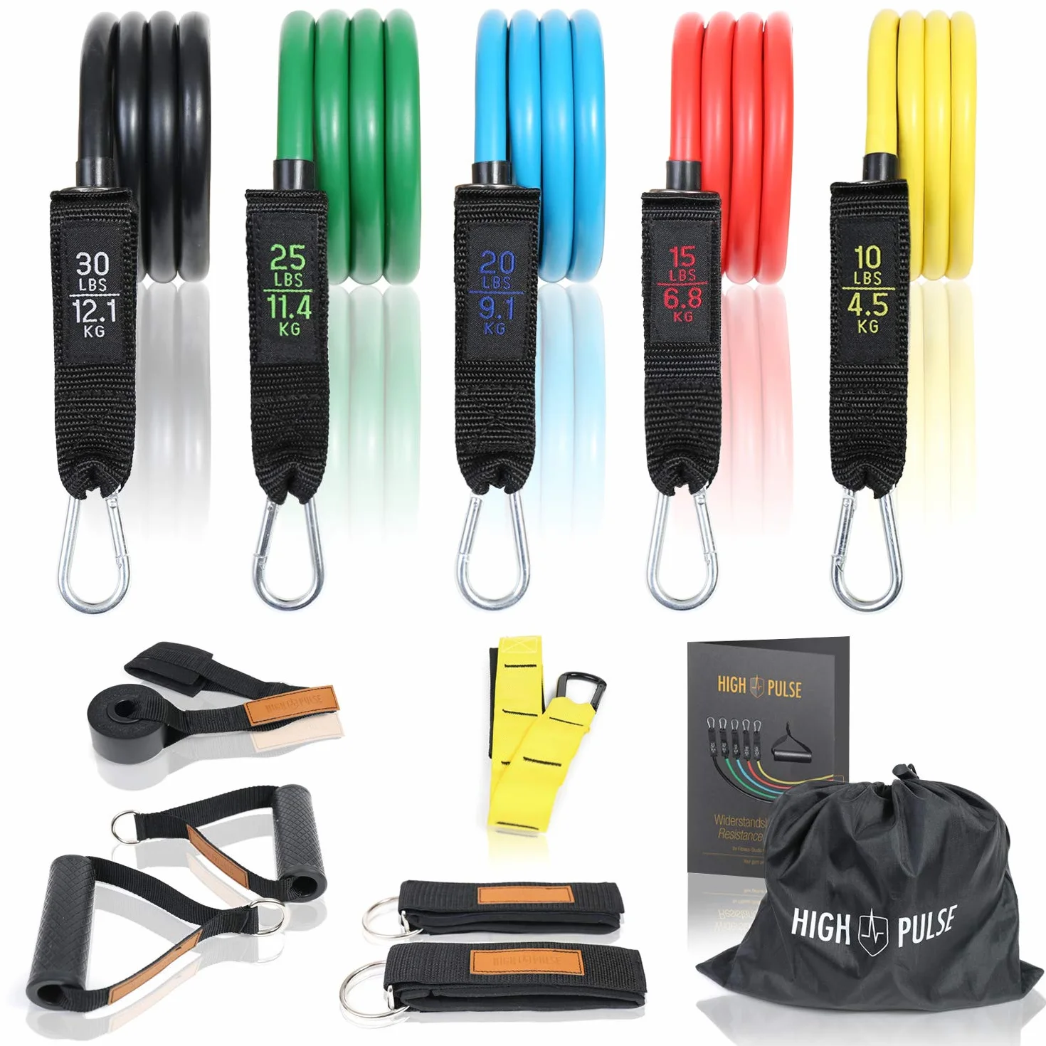 High Pulse® Zestaw gum oporowych o 5 grubościach, w zestawie Opaski na stopy, uchwyty, zawiasy drzwiowe, ekspandery i plakaty z ćwiczeniami do treningu fitness – taśmy oporowe do treningu siłowego,
