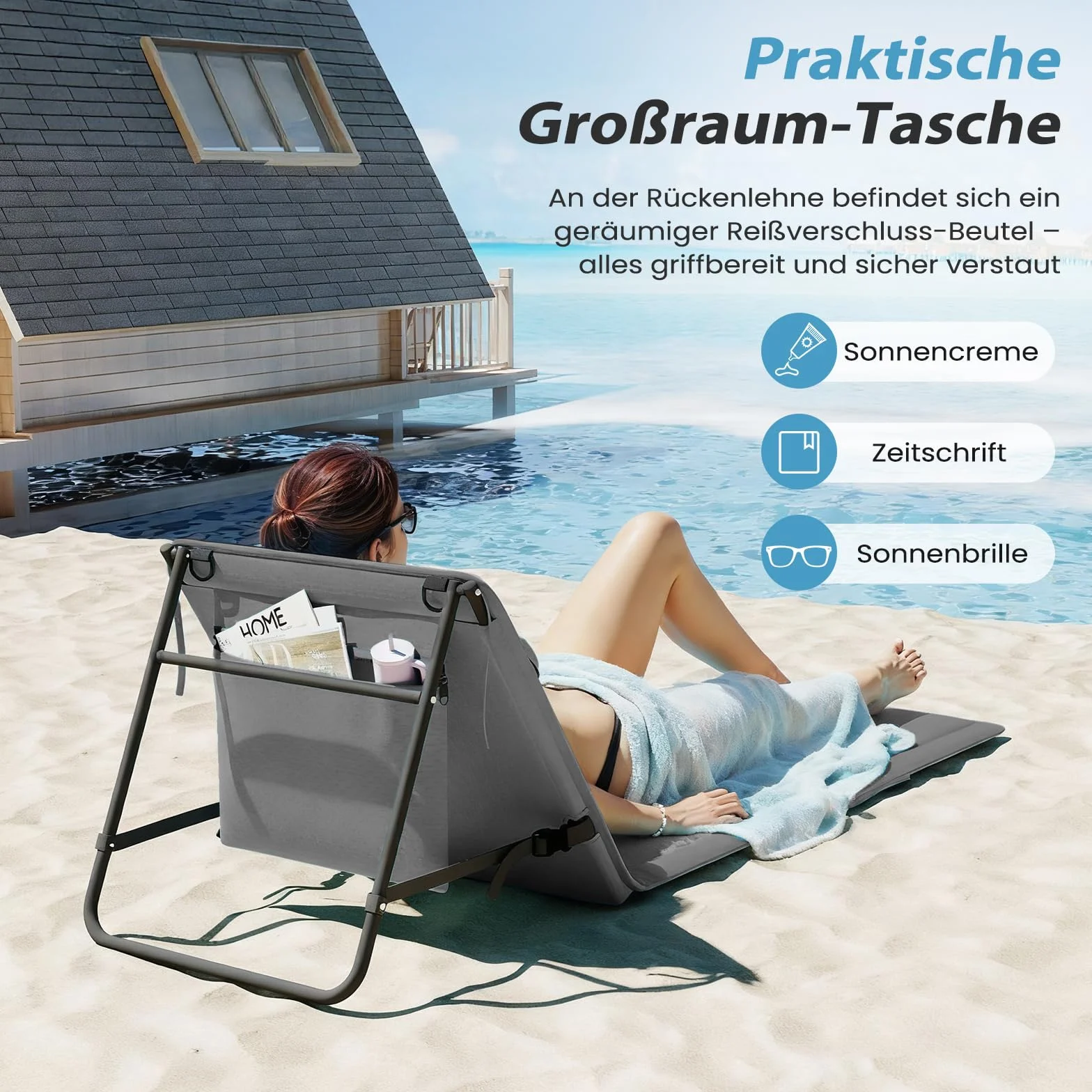 UDPATIO Zestaw 2 mat plażowych z oparciem, regulowane leżaki plażowe, składane, lekkie, składane leżaki na plażę, obciążenie 150 kg, mata przeciwsłoneczna, wyściełana torbą, szara, wodoszczelna