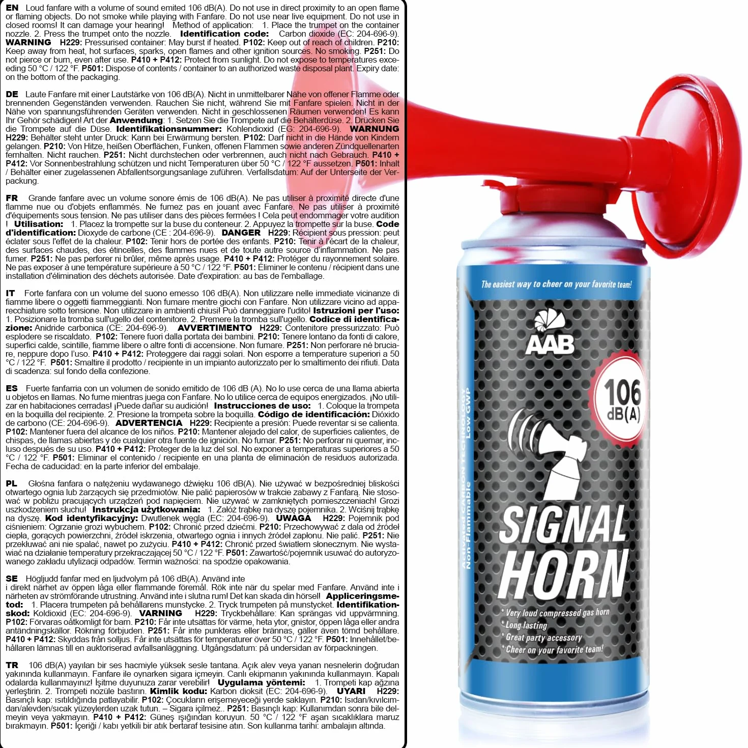 AABCOOLING Signal Horn 40g - Trąbka Kibica z Niepalnym Gazem, Głośna Wuwuzela Gazowa, Sygnał Dźwiękowy na Sprężone Powietrze Na Imprezy, Urodziny