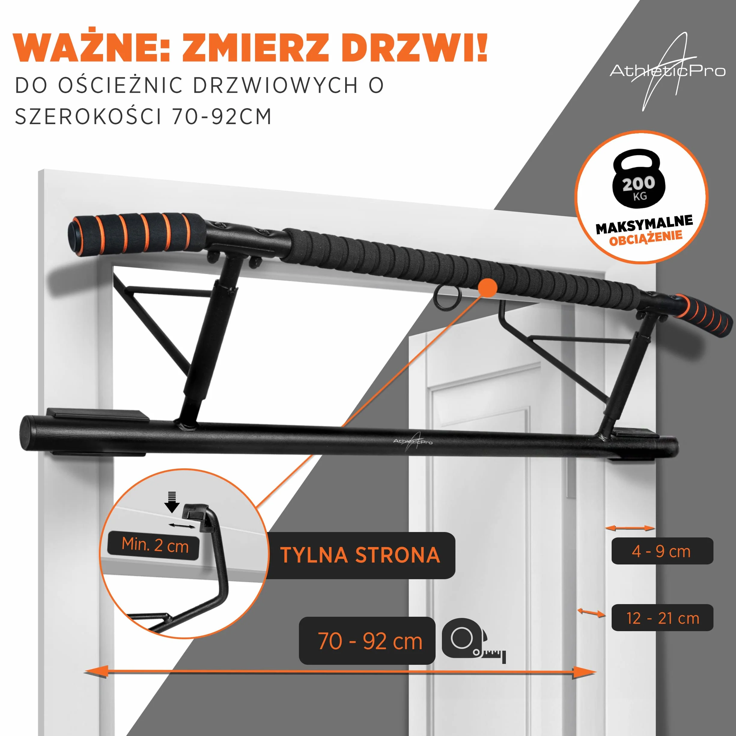 AthleticPro - Oryginał - Ościeżnica drzwiowa z belką pociągową - Wytrzymały drążek do podciągania się [do 200 KG] - Belka drzwiowa bez nadbudowy - 20 cm wyżej w ramie - Również do dipów i pompek