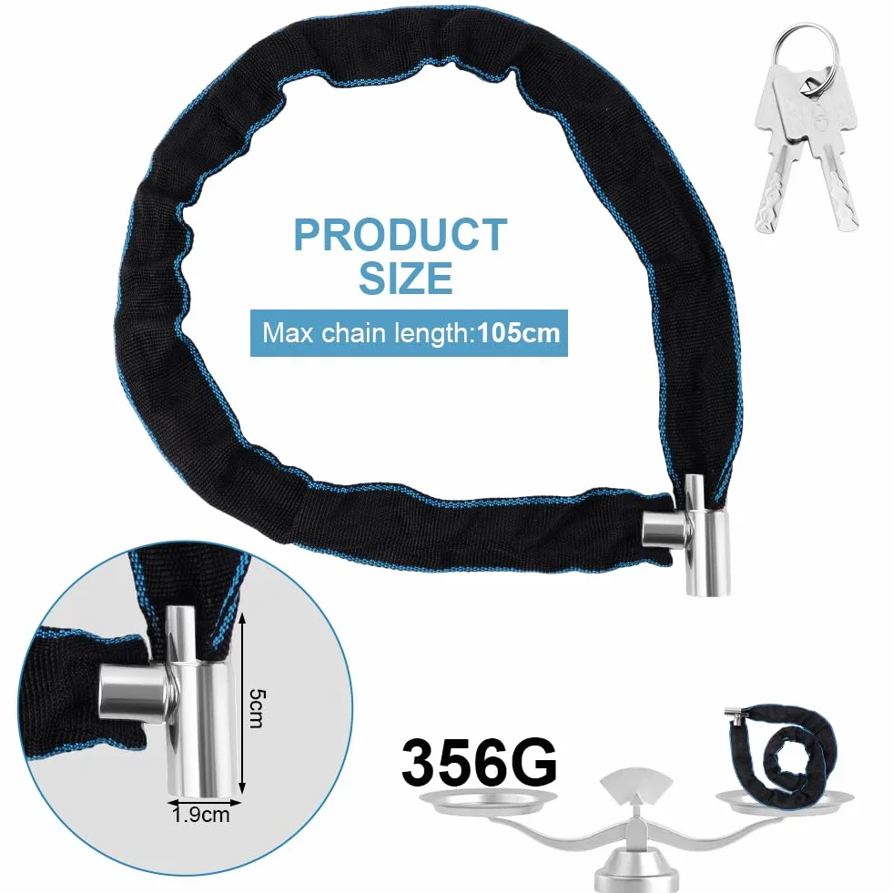 Zamek rowerowy z 2 kluczami, ciężki łańcuch rowerowy 85 cm, zabezpieczenie przed kradzieżą i wysokim bezpieczeństwem, z wodoodporną osłoną, stalowy łańcuch do roweru, motocyklu, MTB, drzwi