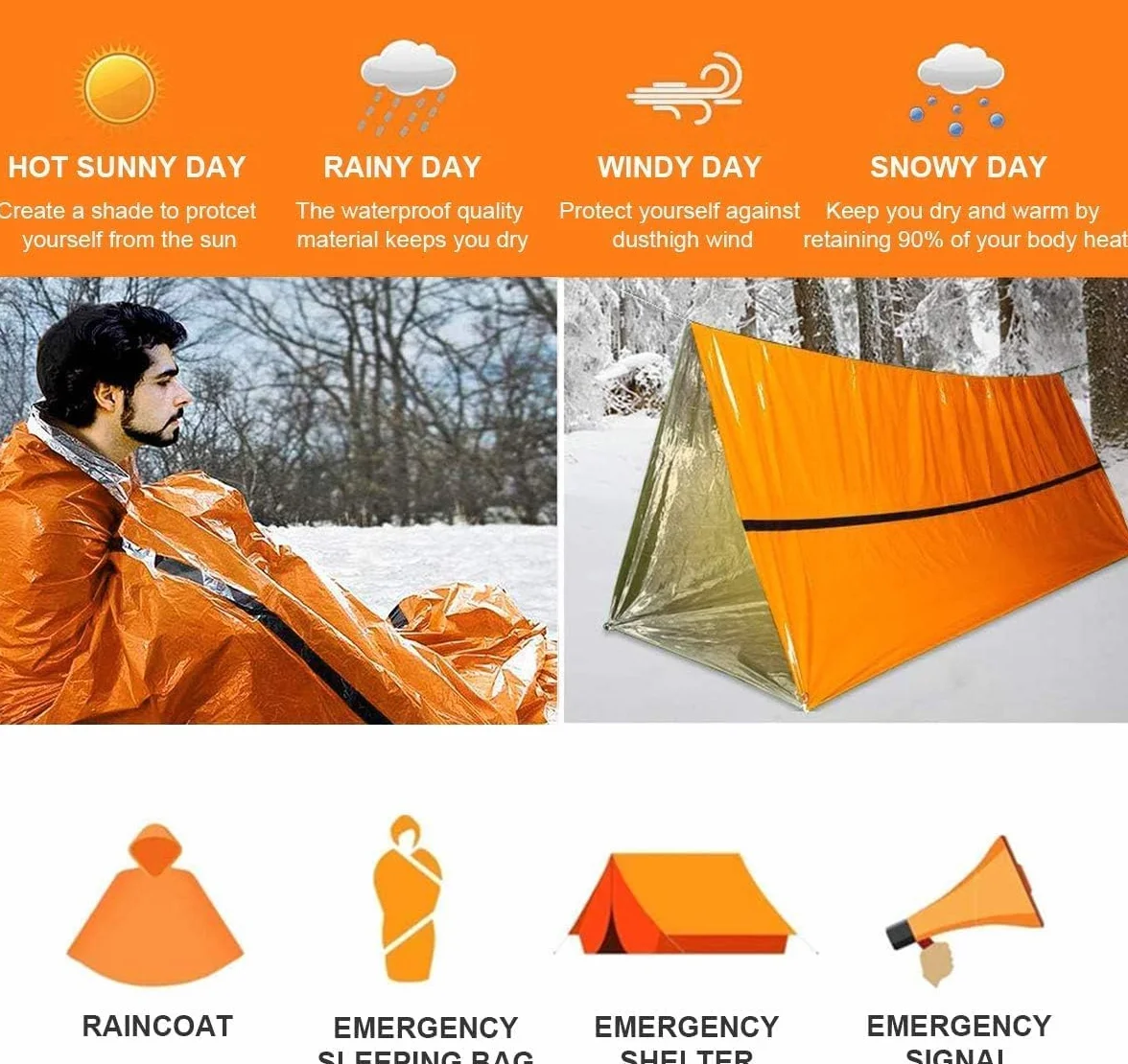 Koc ratunkowy, do stosowania w sytuacjach awaryjnych, survivalowy, wodoszczelny, ciepły namiot, ultralekki, odporny na wysokie temperatury i zimno, z gwizdkiem alarmowym, do użytku na zewnątrz
