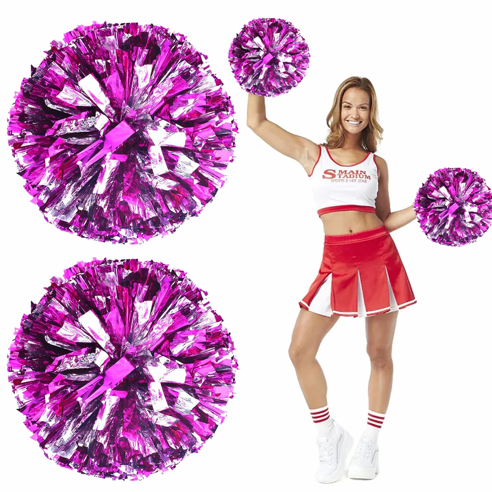 2 pompony cheerleaderek, pompony cheerleaderki, metalowe pompony z folii, sportowe pompony, metaliczne, piękne pompony cheerleaderki, kolorowe pompony dla dzieci, do uprawiania sportu, występów, tańca
