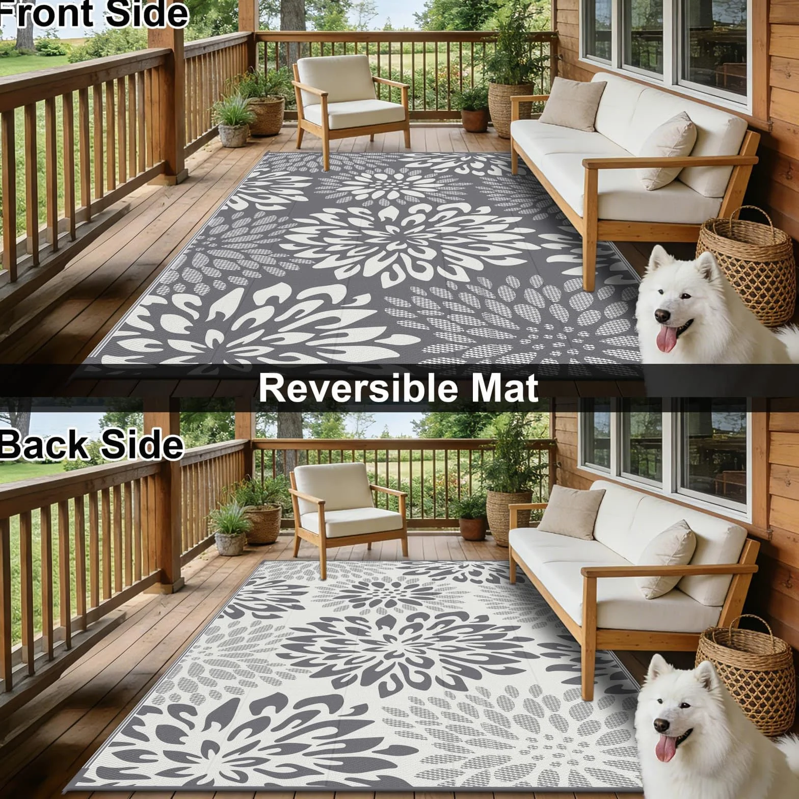 SHACOS Dywan zewnętrzny 180 x 270 cm Duży Dwustronny, Dywany Ogrodowe Wodoodporne Patio Odporne na UV Lekkie, z Plastikowej Słomki Mata Zewnętrzna na Patio Balkon Kemping Podwórko Plażę, Liść, Szary