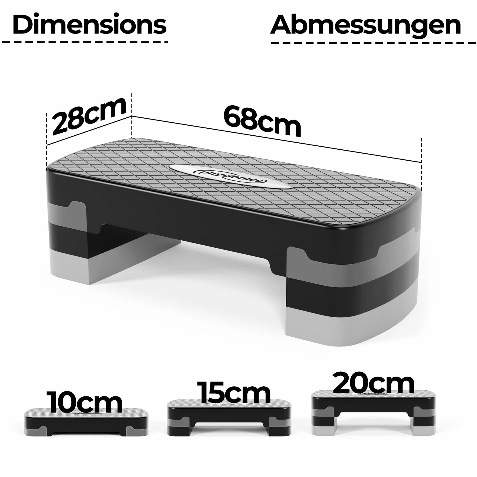 Deska do aerobiku Physionics® - 3poziomy(10/15/20cm),regulacja wysokości, antypoślizgowa gumowa osłona, maks. 200kg - Stepper fitness, Stepboard, Bench, Bench, Cardio do ćwiczeń w domu