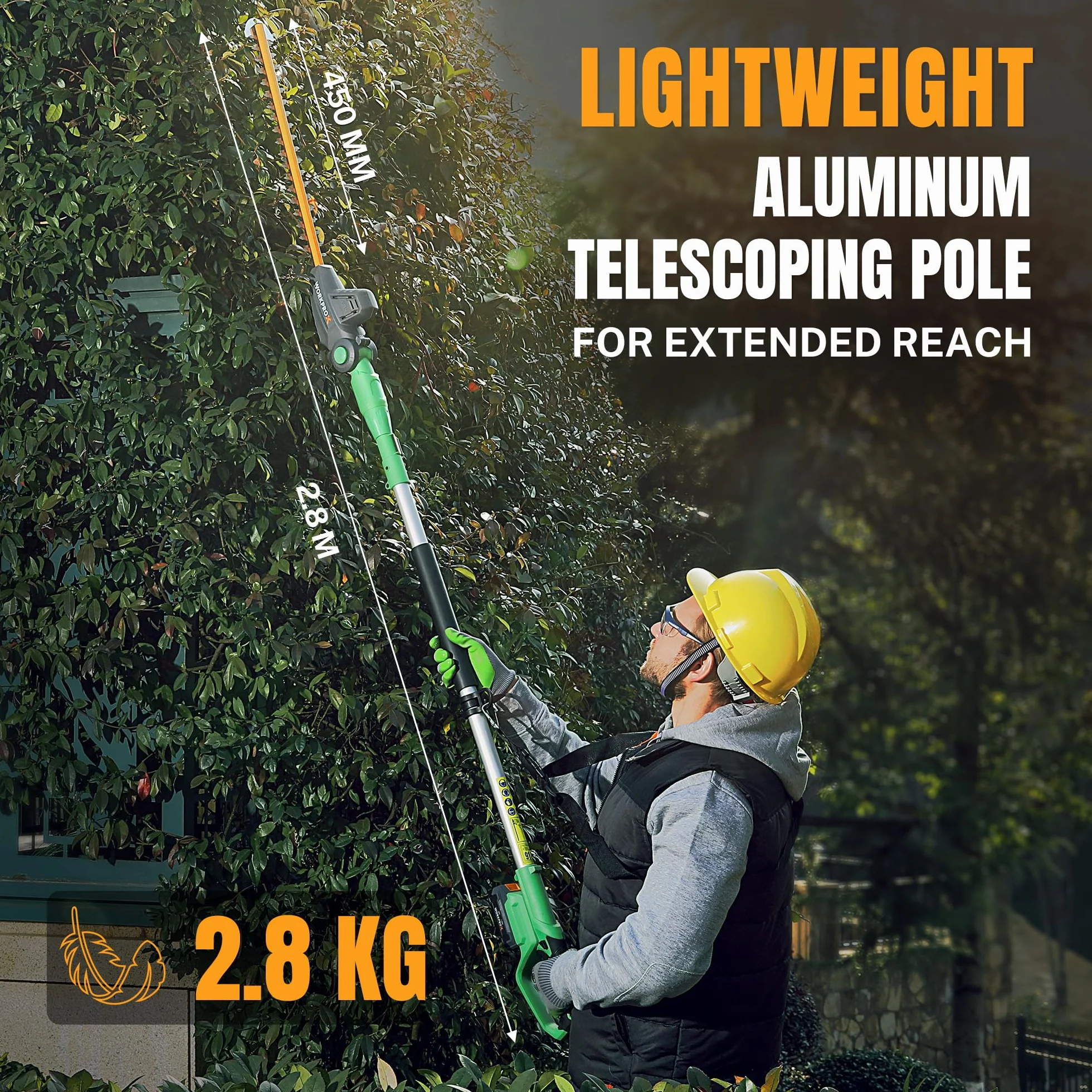 WORKPRO X akumulatorowe nożyce teleskopowe do żywopłotu 20 V z 2,0 Ah Batteie i kablem do ładowania typu C, długość cięcia 2,8 m, długość cięcia 45 cm, Ø 18 mm, podkaszarka do żywopłotu z drążkiem