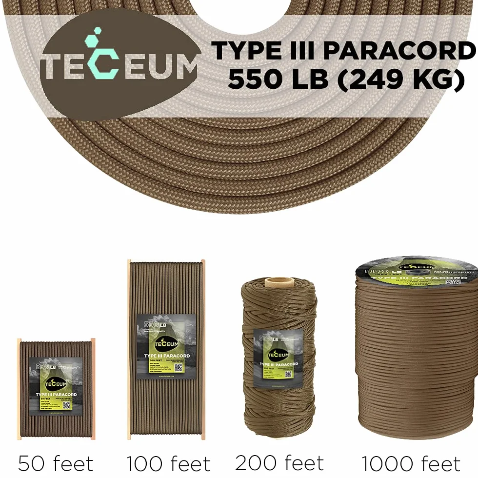 TECEUM Paracord typ III 550 miedziany, brązowy, 30,5 m, 4 mm, linka taktyczna MIL-SPEC, linka do aktywności na zewnątrz, na kemping, wędrówki, sprzęt wędkarski, linka spadochronowa EDC, mocna lina survivalowa, 015