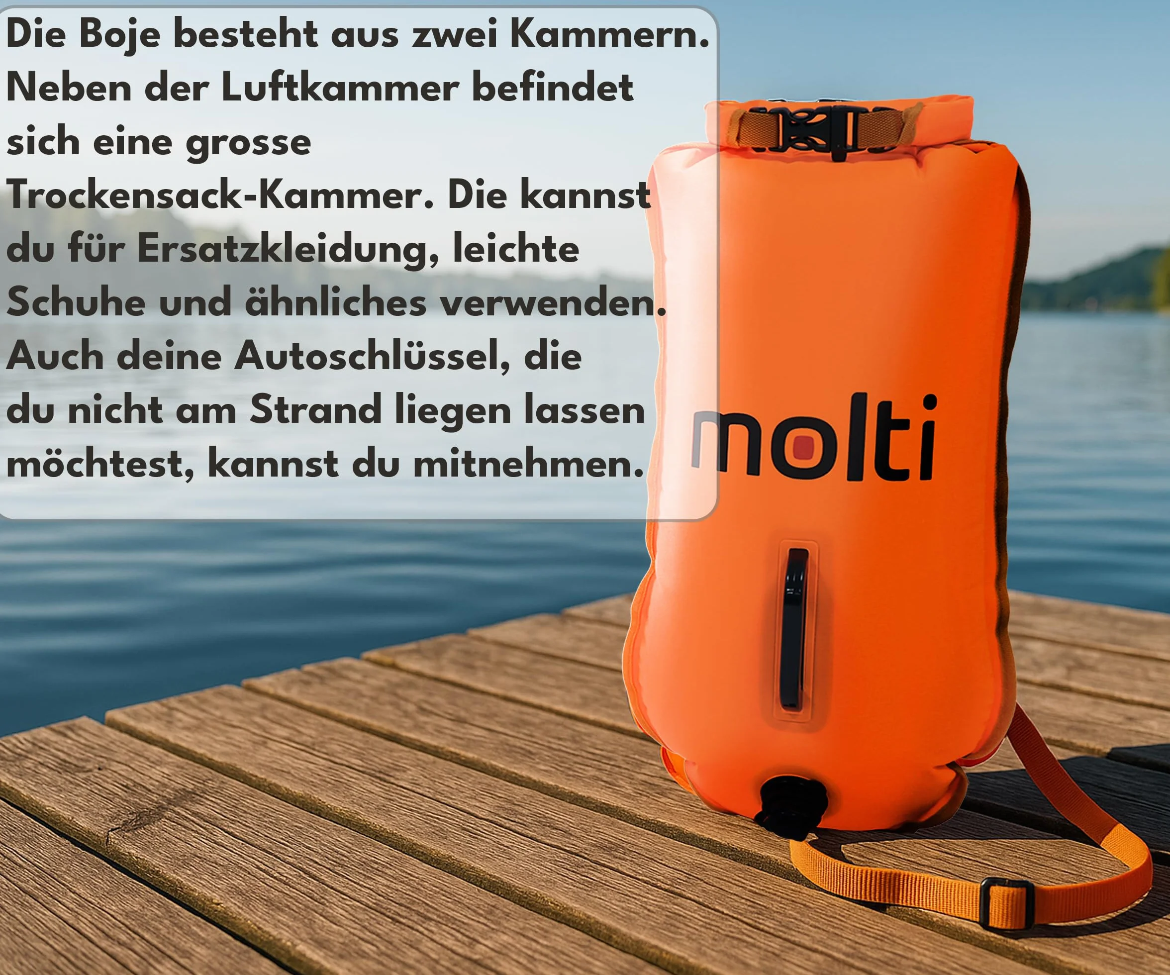 molti 2 w 1 nadmuchiwana boja do pływania i worek na sucho, 15 l, 28 l, boja dla dorosłych, Baywatch Boja z gwizdkiem alarmowym i pokrowcem na telefon komórkowy, kolor pomarańczowy, bezpieczeństwo