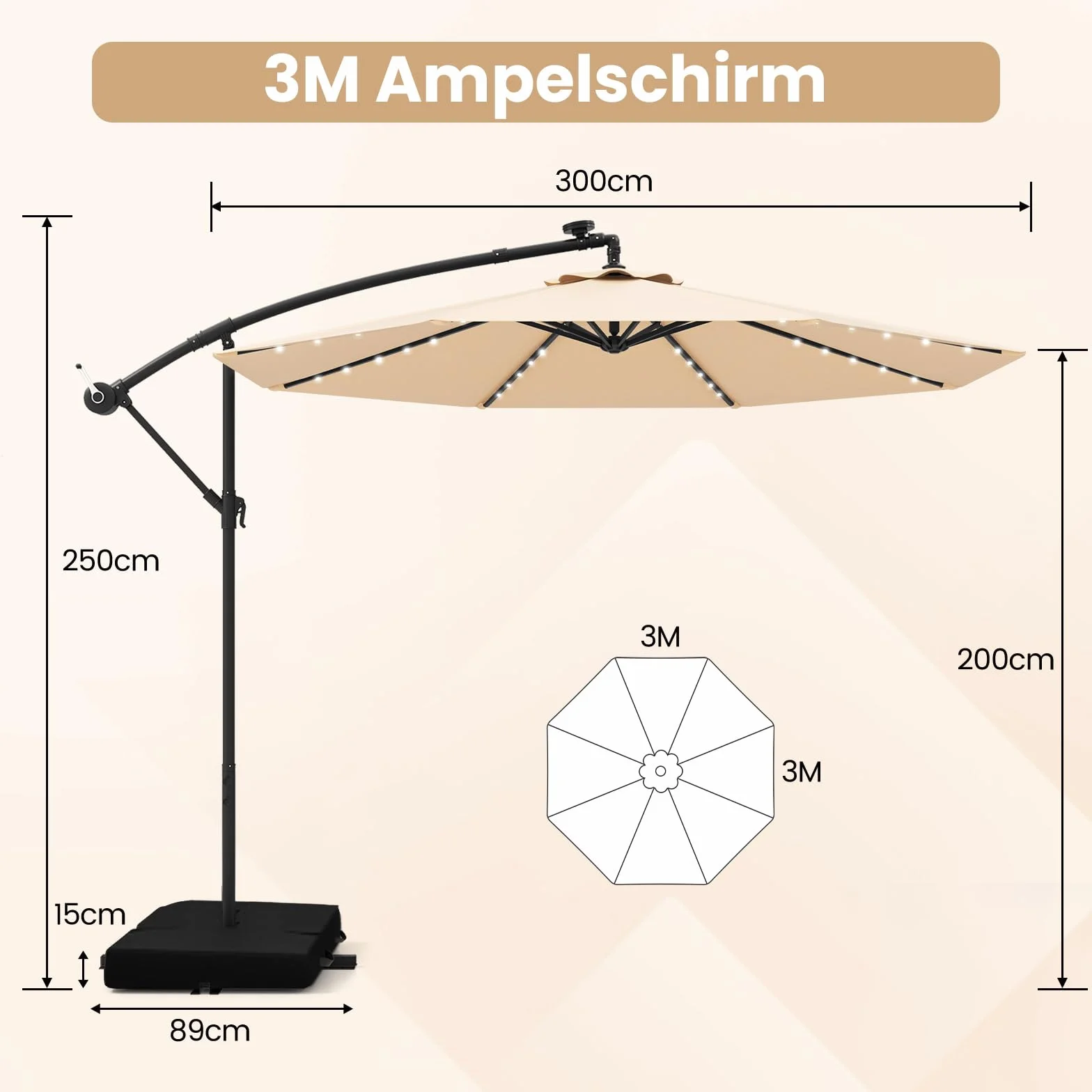 COSTWAY Parasol przeciwsłoneczny z workiem na piasek, 300 cm, z 40 solarnymi diodami LED i korbą, parasol ogrodowy, ochrona przed promieniowaniem UV, parasol na taras, do ogrodu, na basen, taras