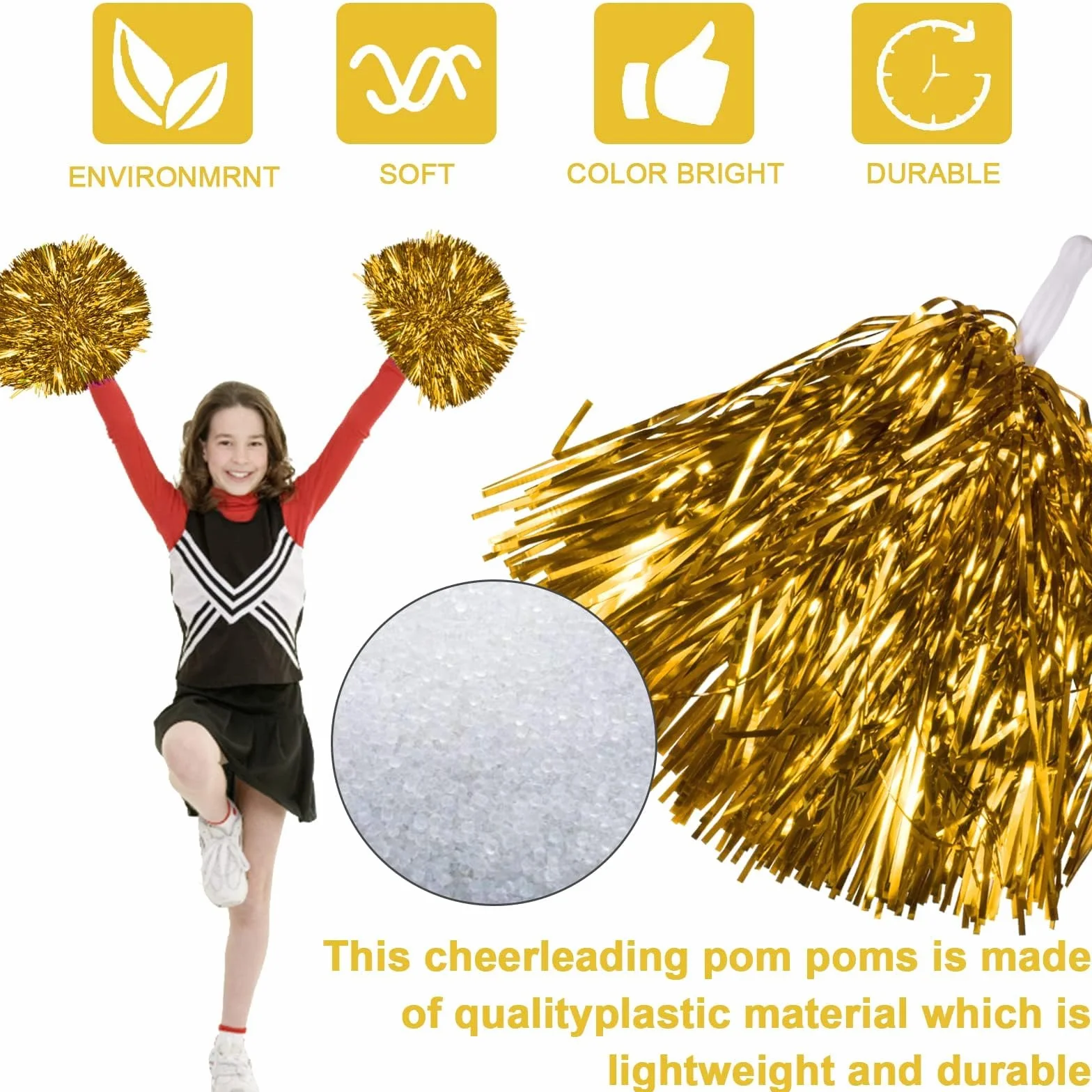 12 sztuk cheerleaderek, pompompon dla dziewcząt, pompompon dla dziewcząt, może być używany do tańca, cheerleaderek, wielokolorowe pompki, dla dzieci i dorosłych, na imprezę kostiumową (złote)