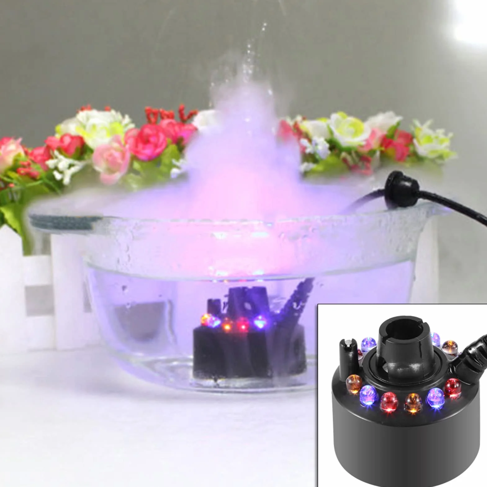 Wytwarzacz Mgły, do Fontanny Staw z Zasilaczem Nebler 110 240V Wtyczka Amerykańska 1Pc 12LED Kolorowe Urządzenie do Wytwarzania Mgiełki