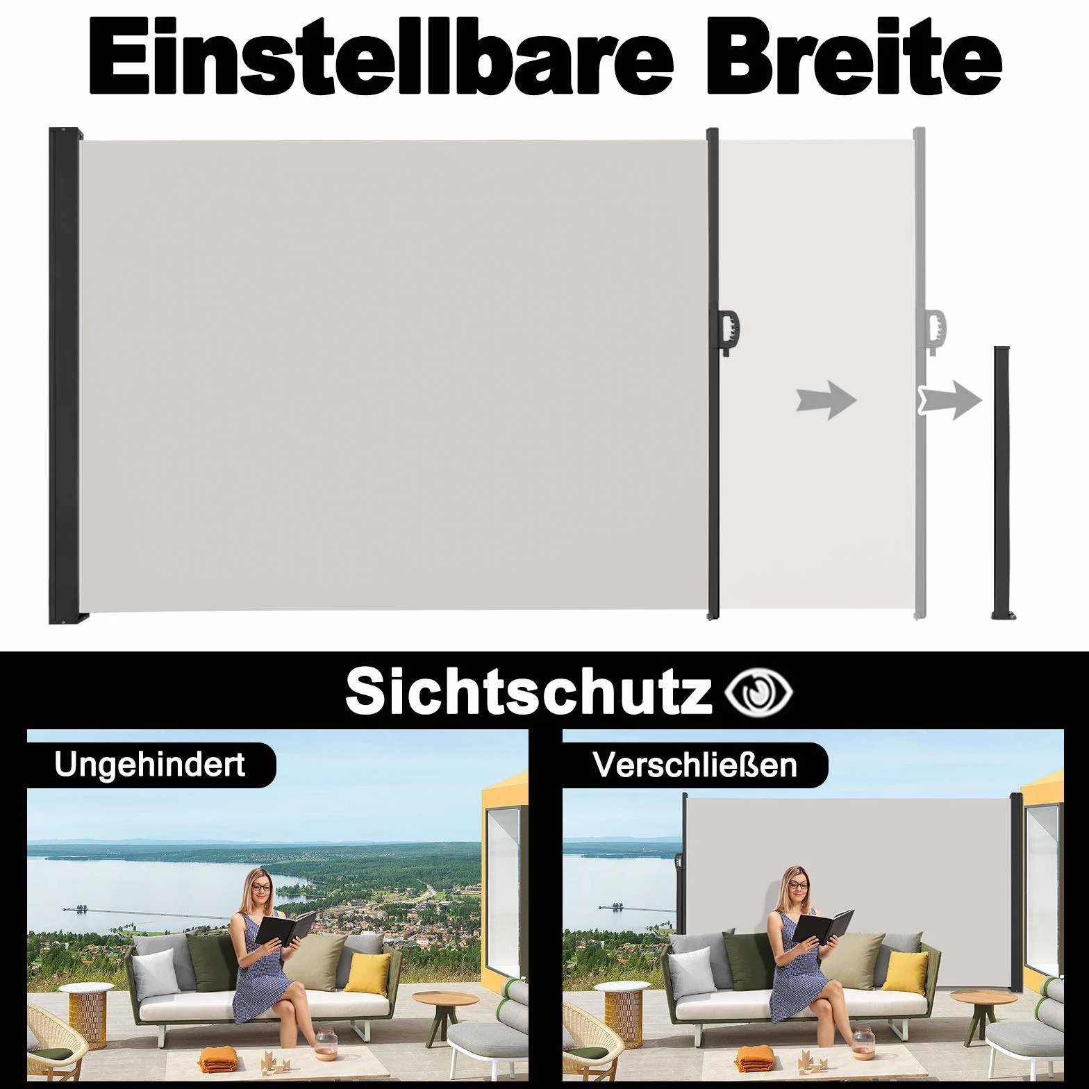 UISEBRT Markiza boczna, wysuwana ochrona przed wzrokiem, 200 x 300 cm - markiza z boku, ochrona przed wiatrem, na taras, balkon, do ogrodu (szara)