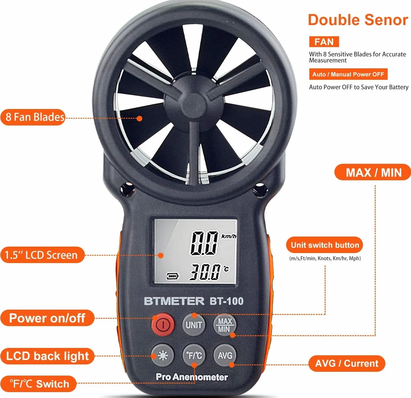 BTMETER BT-100 ręczny anemometr, cyfrowy miernik prędkości wiatru, miernik prędkości przepływu powietrza, tester prędkości przepływu powietrza do strzelania, latania dronem, HVAC, chłód wiatru, temperatura wiatru 10,0°C - 45°C