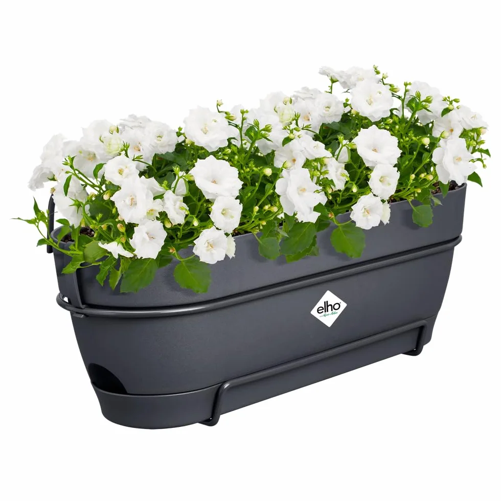 elho Vibia Campana Allin1 50 skrzynka balkonowa ze zbiornikiem na wodę, balustrada balkonowa, w 100% z plastiku pochodzącego z recyklingu, Ø 50,4 x wys. 17,7 cm, czarna/antracytowa