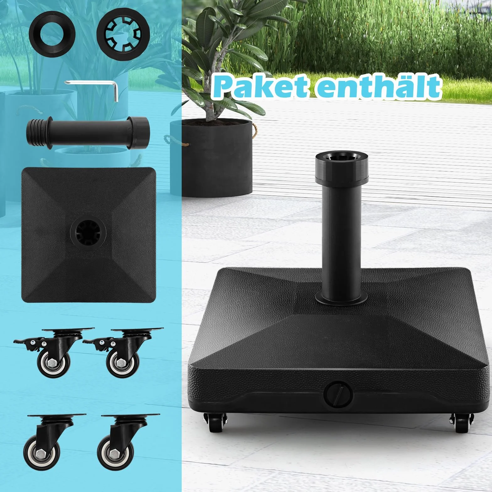 COSTWAY Stojak na parasol przeciwsłoneczny z kółkami, do napełniania wodą lub piaskiem, stojak na parasole o średnicy 32/48 mm, stojak na parasole przeciwsłoneczne, do ogrodu, na balkon, taras, czarny