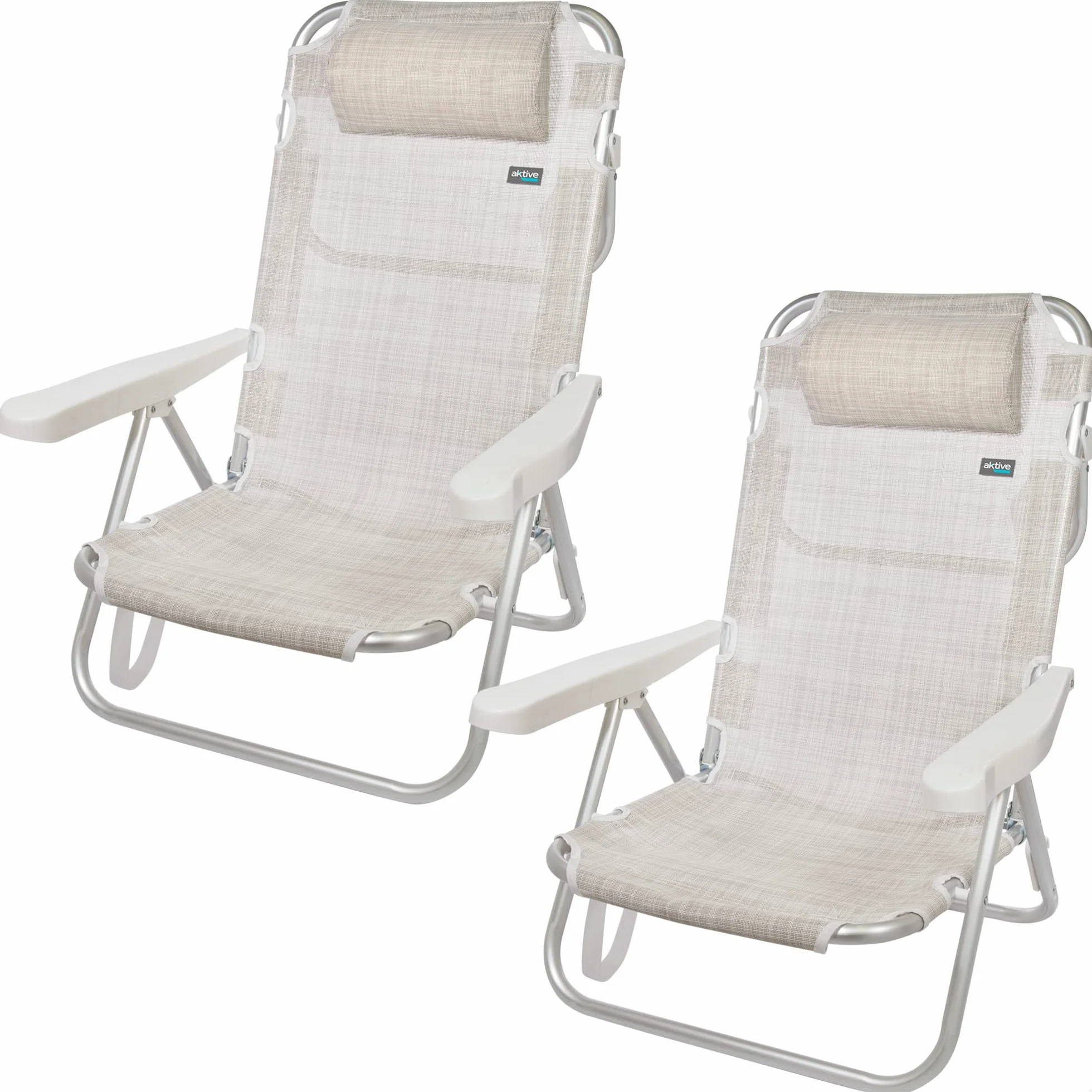 Aktive 62254-2-pak wielopozycyjnych składanych krzeseł, na plażę, do ogrodu, na taras lub kemping, 5 różnych pozycji, wysokość 21 cm, wymiary 48 x 45,5 x 84 cm, wzmocniony uchwyt do noszenia