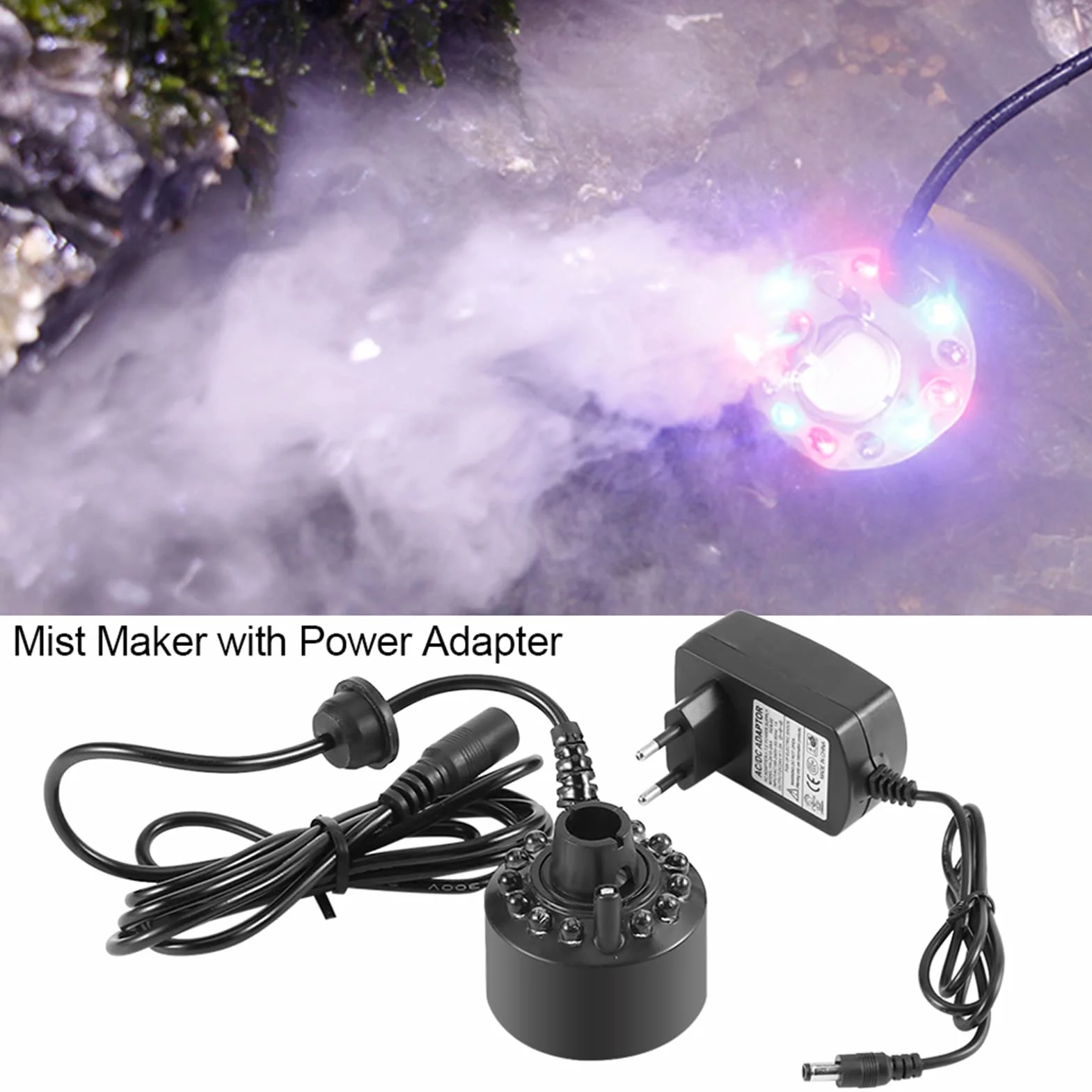 Wytwarzacz Mgły, do Fontanny Staw z Zasilaczem Nebler 110 240V Wtyczka Amerykańska 1Pc 12LED Kolorowe Urządzenie do Wytwarzania Mgiełki