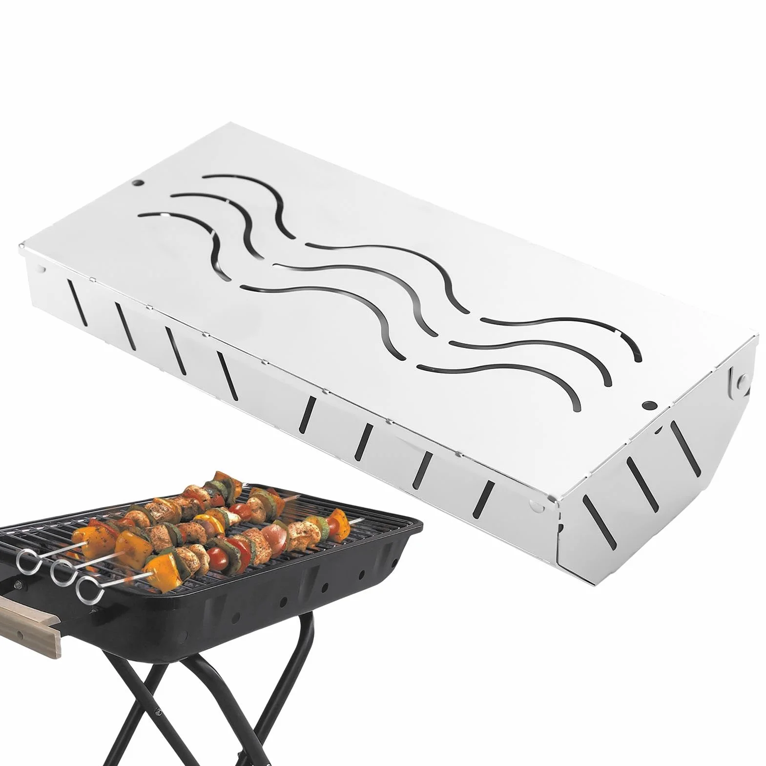 Puszka w?dzarnicza, stal nierdzewna drewniana skrzynka z chipami, akcesoria do grill, Vented Lid Design, w?giel drzewny do grillowania na zewn?trz, dodaje bogaty przydymiony zapach, 24,5 x 11,7