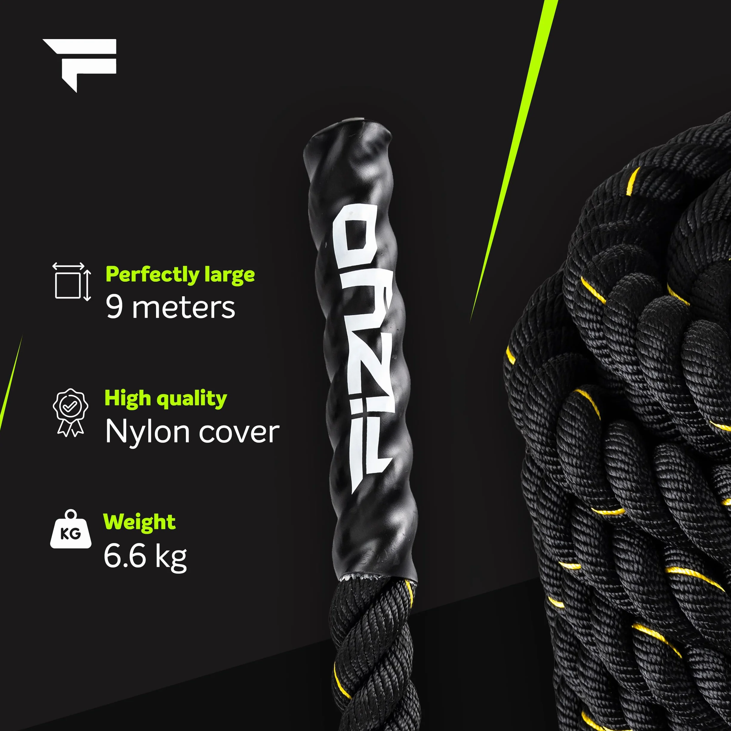 Fizyo Profesjonalna Lina Treningowa z Powlekanymi Końcówkami 9m - Battle Rope do Treningu Funkcjonalnego, Siłowego, Wytrzymałościowego i Koordynacyjnego, Uderzeniowa Lina Zamachowa do Ćwiczeń