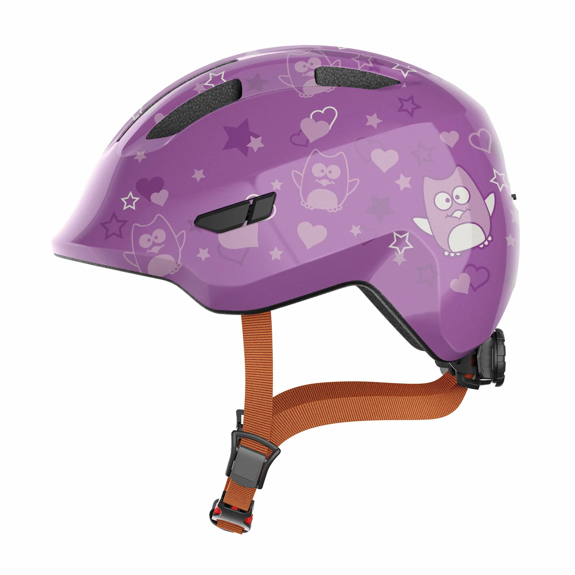 ABUS Kask dzieci?cy Smiley 3.0 – kask rowerowy o g??bokim dopasowaniu, wzornictwo odpowiednie dla dzieci i miejsce na warkocz – dla dziewcz?t i ch?opców – fioletowy ze wzorem sowy, rozmiar S