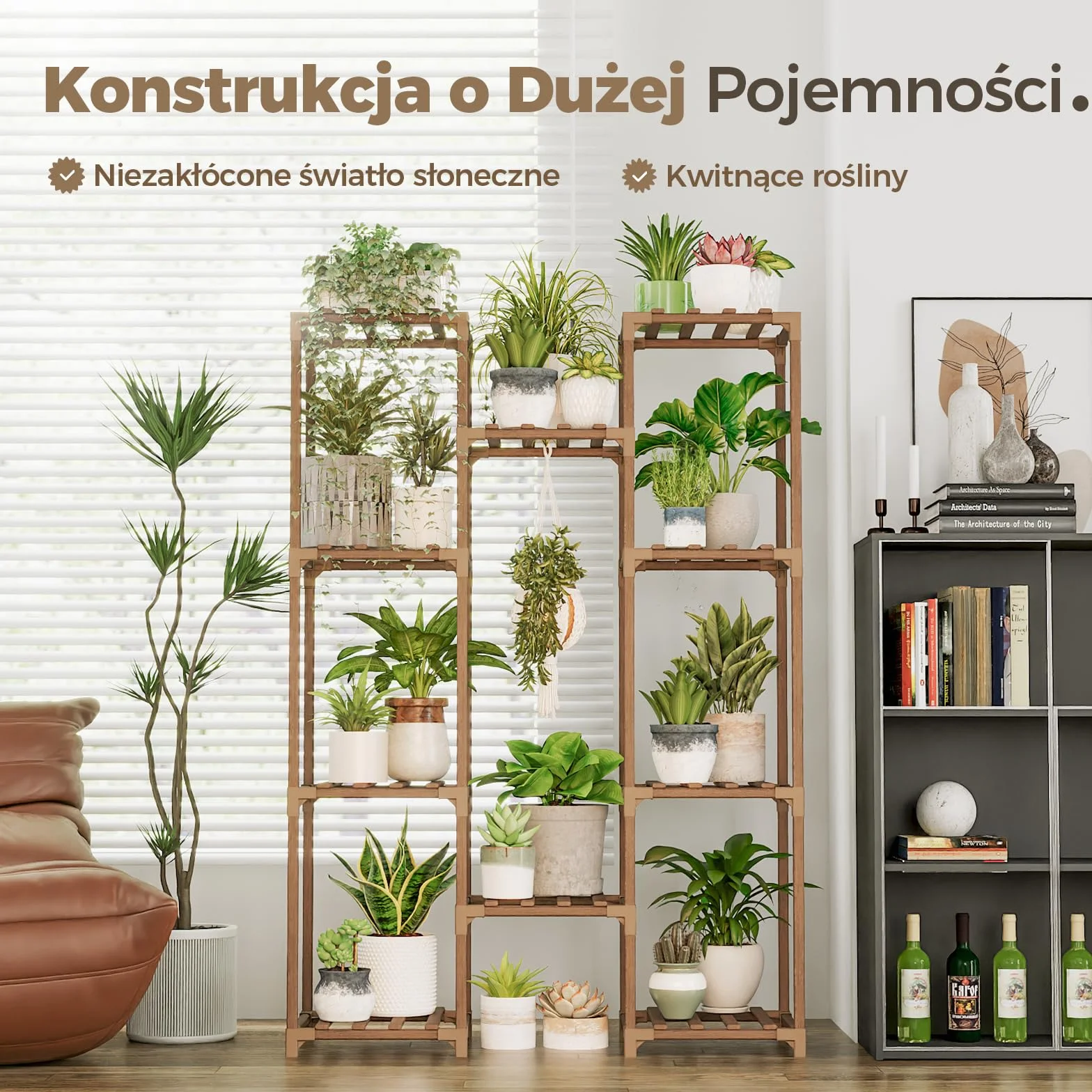 BAMWORLD Drewniana Wisząca Półka na Rośliny - Duży Stojak na Doniczki do Salonu/Tarasu/Balkonu, Brązowa Dekoracja Ogrodowa i Wnętrzowa