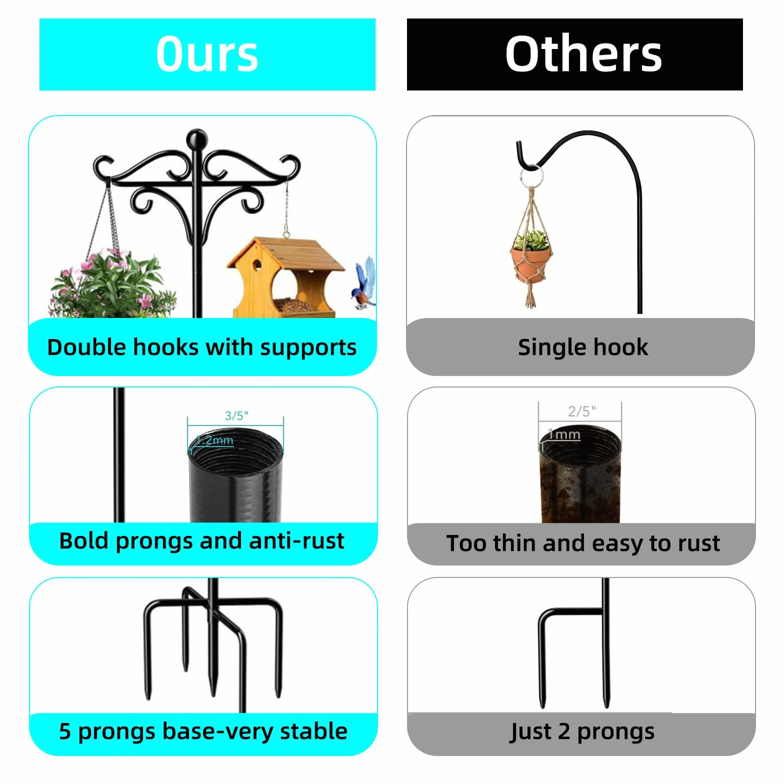 Podwójny hak pasterski do użytku na zewnątrz, 2 sztuki, 2 sztuki, podwójny hak ogrodowy, regulowany pręt owczarka, do latarni, koszy na rośliny, lampy solarne, lampy, wesela, domki dla ptaków