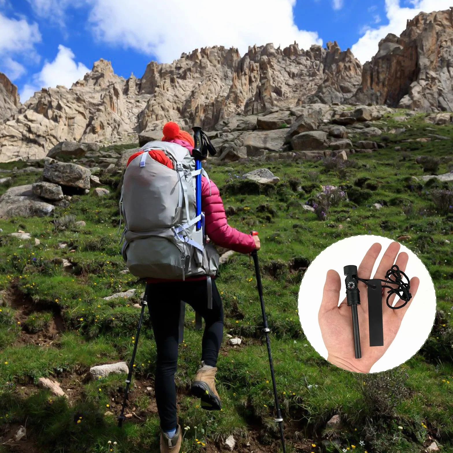 Zestaw survivalowy wodoodporny krzesiwo magnezowe z gwizdkiem i kompasem Paracord czarna