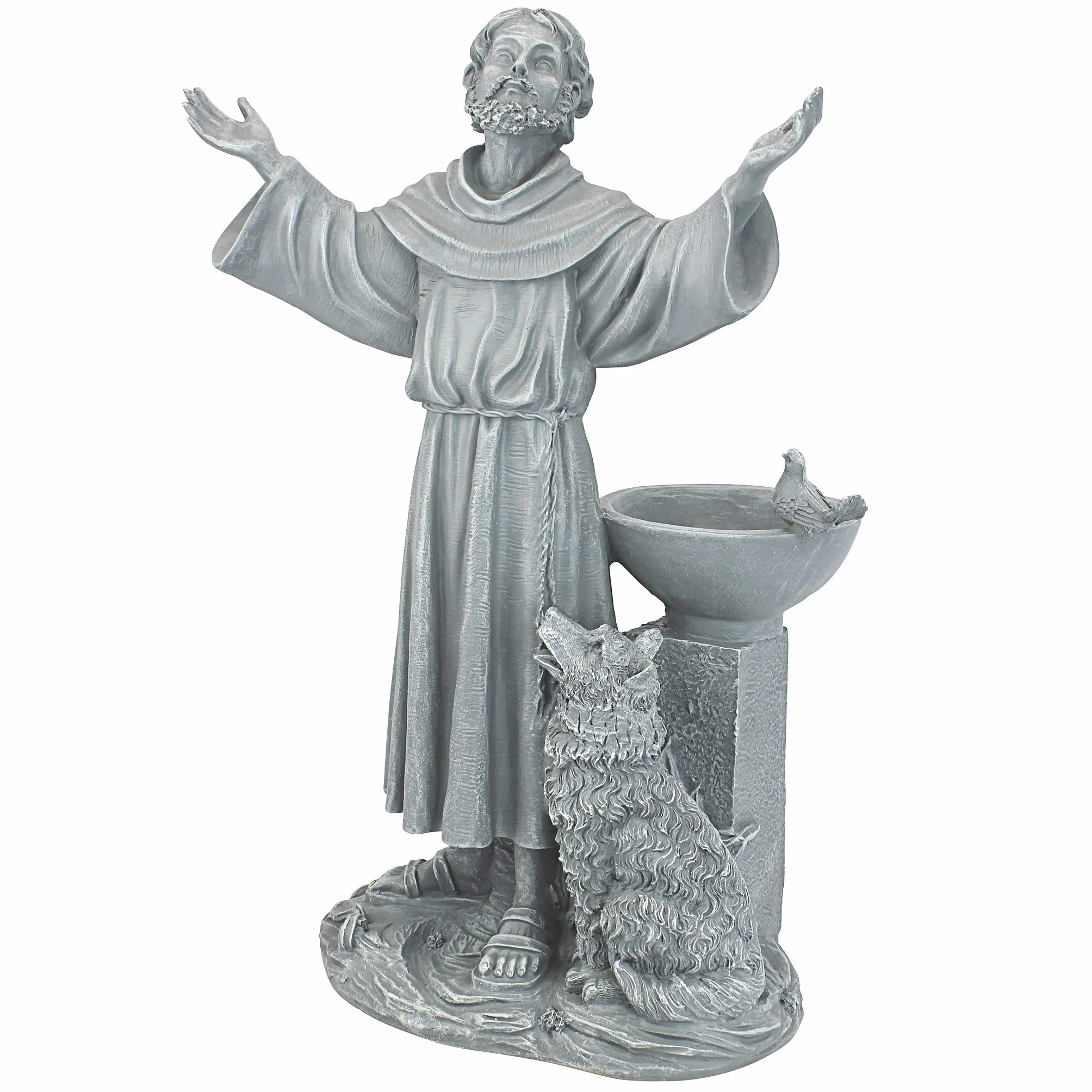 Design Toscano JE14106 błogosławieństwo św. Franciszka religijna dekoracja ogrodowa statuetka z karmnikiem dla ptaków, 48 cm, żywica poliestrowa, szary kamień, zielony