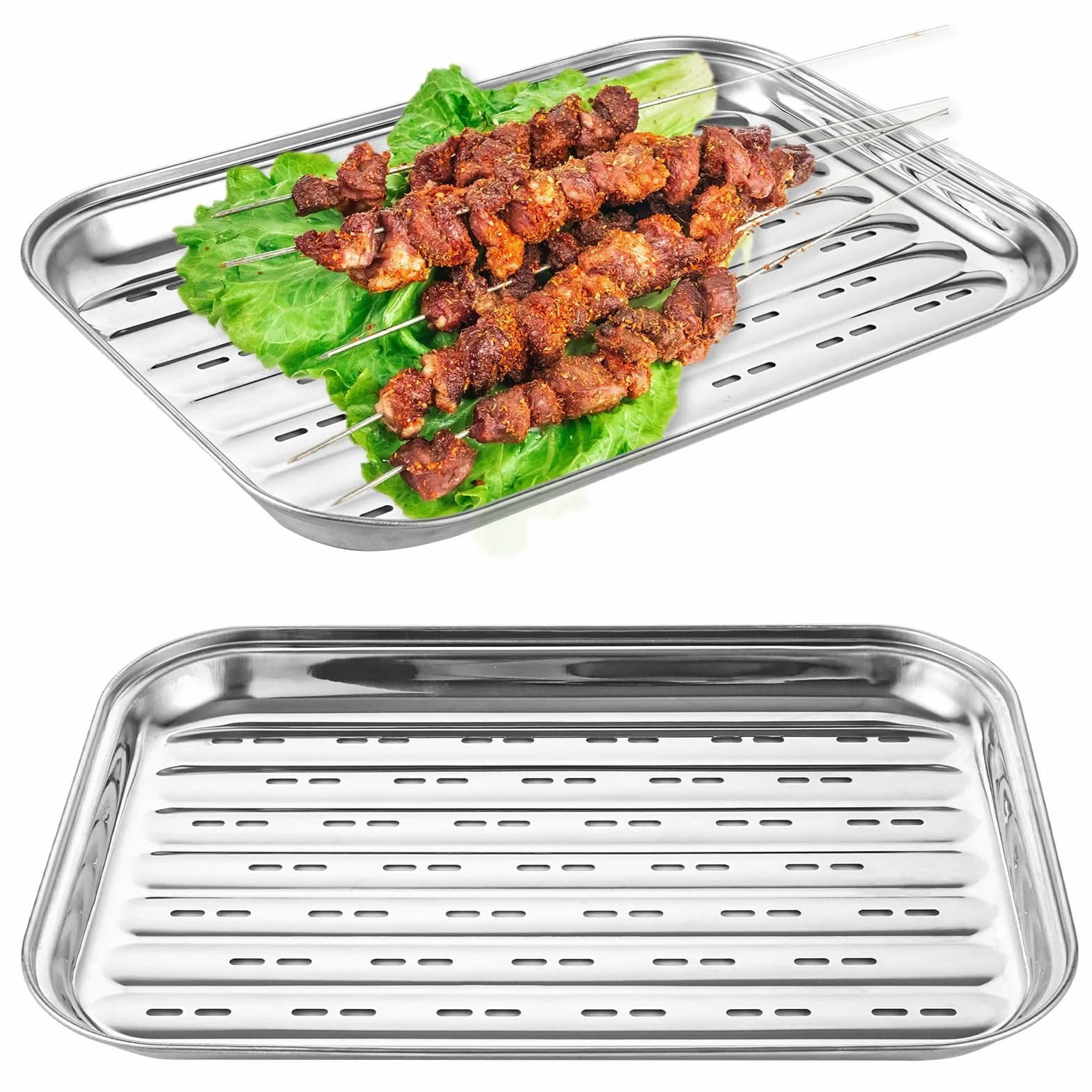 2 sztuki tacki do grillowania wielokrotnego użytku, prostokątne naczynia do grilla z stali nierdzewnej, perforowane, 34,5 x 24,5 cm, do grilla gazowego i węglowego, mięsa, warzyw