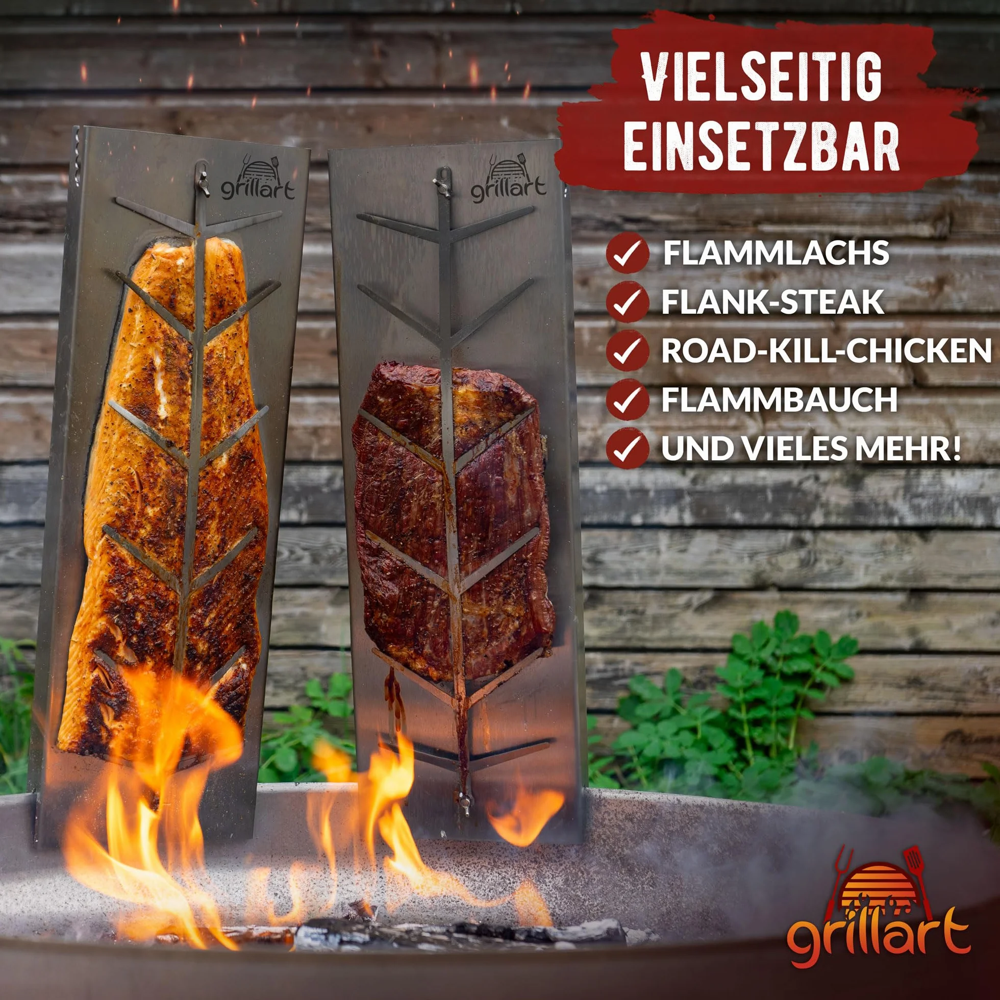 grillart® Deska do wędzenia łososia premium z uchwytem ze stali nierdzewnej (stal nierdzewna)