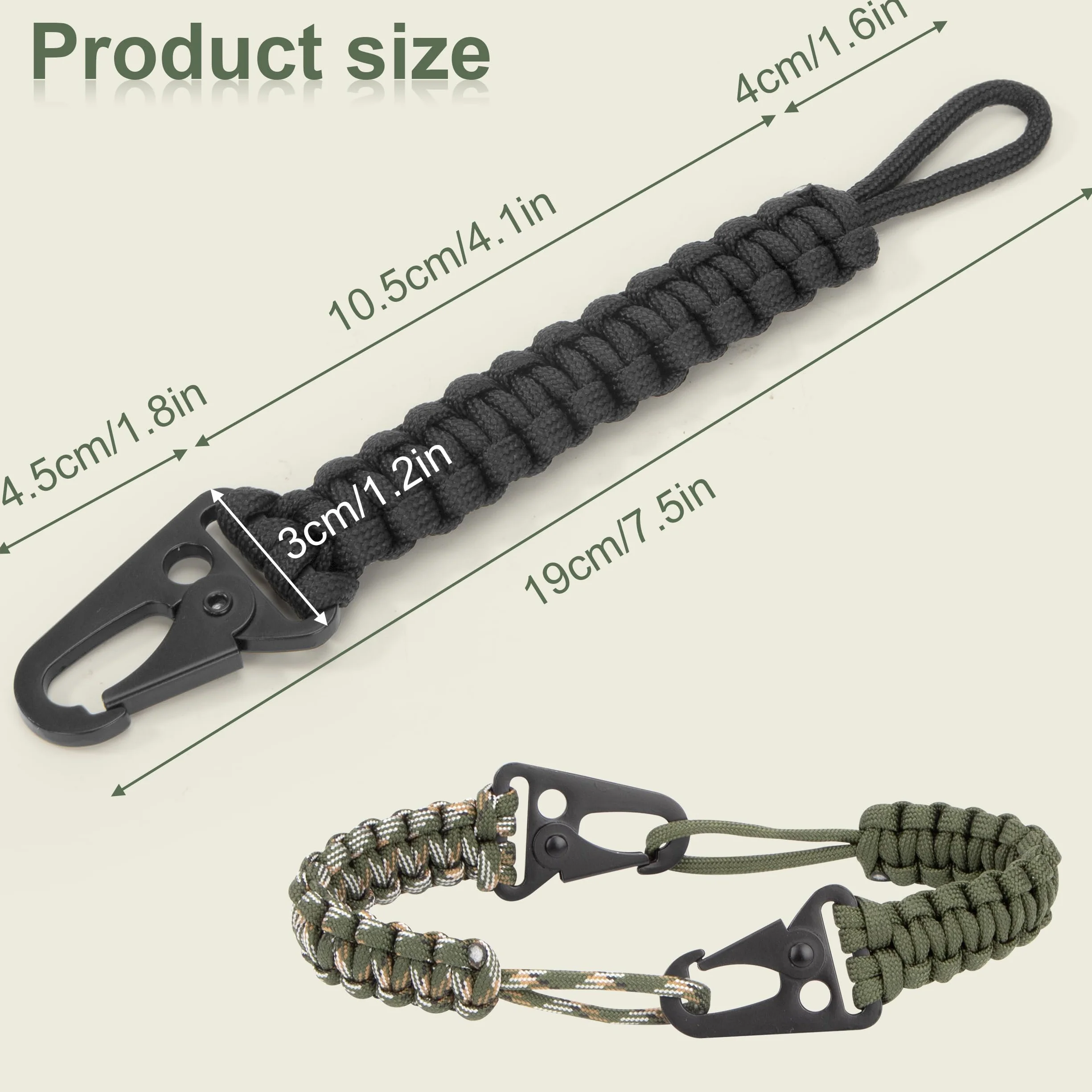 Brelok z paracordu taktyczny pleciony sznurek z karabińczykiem Paracord w talii klamra na kemping piesze wycieczki polowanie na świeżym powietrzu 3 sztuki, Czarny/Zielony Kamuflaż/Zielony