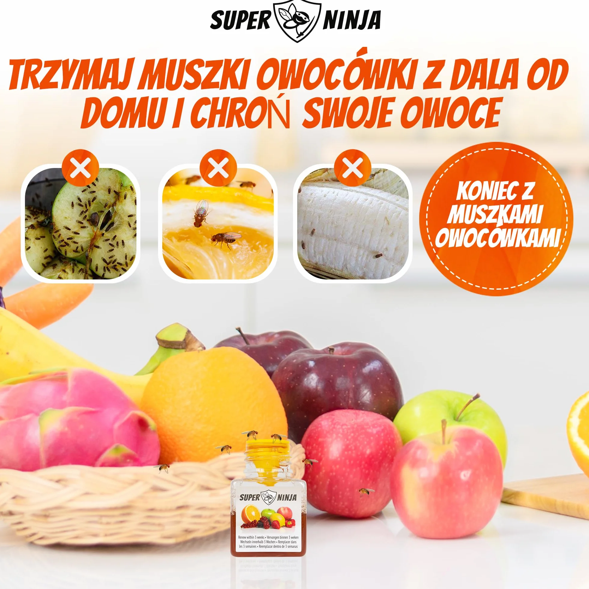 Super Ninja Pułapka na muchy owocowe - Ekologiczne i skuteczne pułapki na muchy owocowe do użytku wewnątrz pomieszczeń - Przyjazne dla środowiska - Do 3 tygodni na butelkę (4 Szt)
