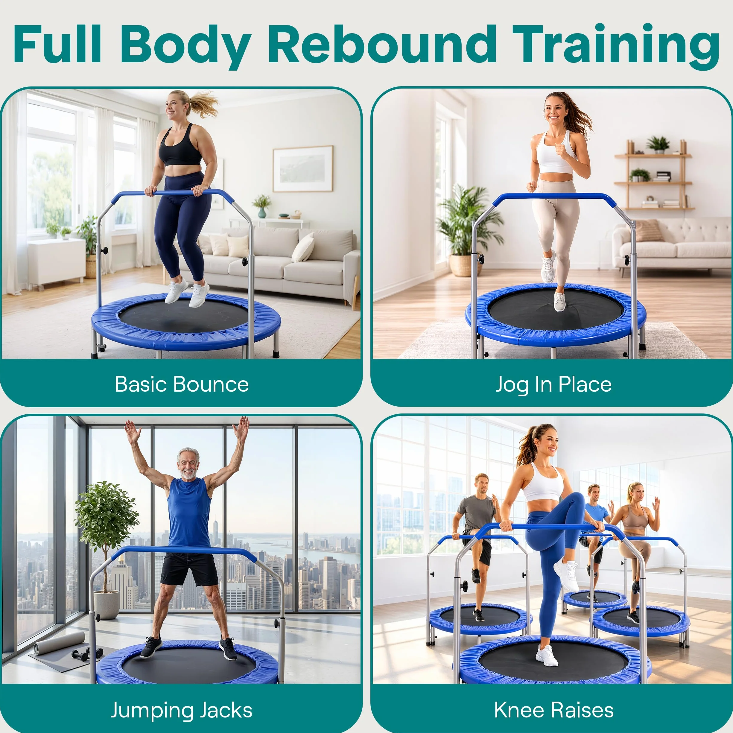 SereneLife Przenośna i składana trampolina – 100 cm mini rebounder w domu z regulowaną poręczą, do ćwiczeń fitness
