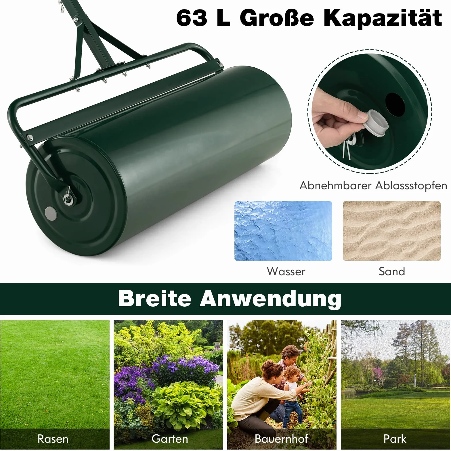 FANTASK Walec do trawy z metalu, średnica 30 cm, z uchwytem 63 l, bęben do dużych obciążeń, wałek do trawy napełniany wodą i piaskiem, wałek ogrodowy, bęben do trawy